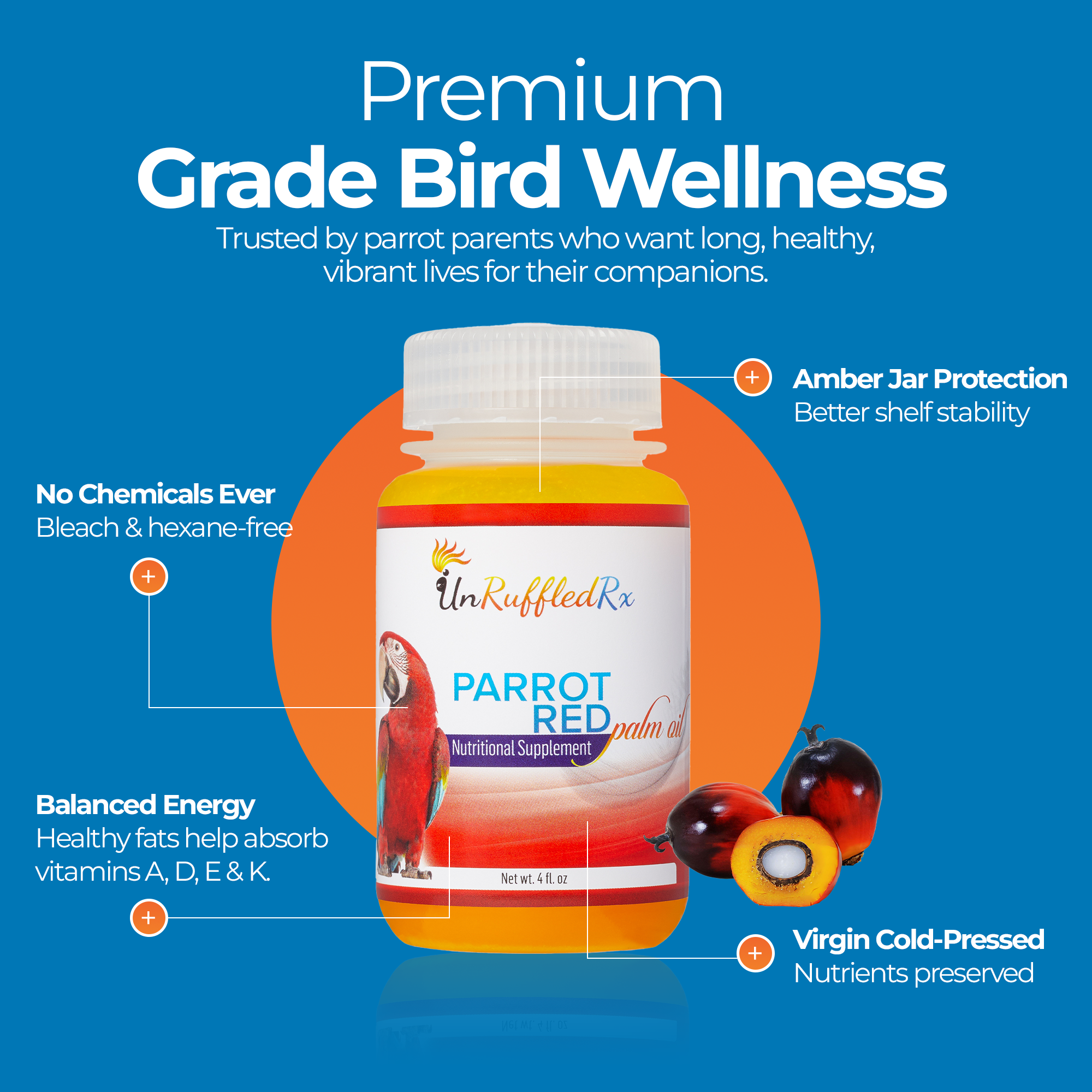 UnRuffledRx Red Palm Oil for Birds, nutritional supplement for vibrant parrot health, featuring no chemicals and virgin cold-pressed benefits