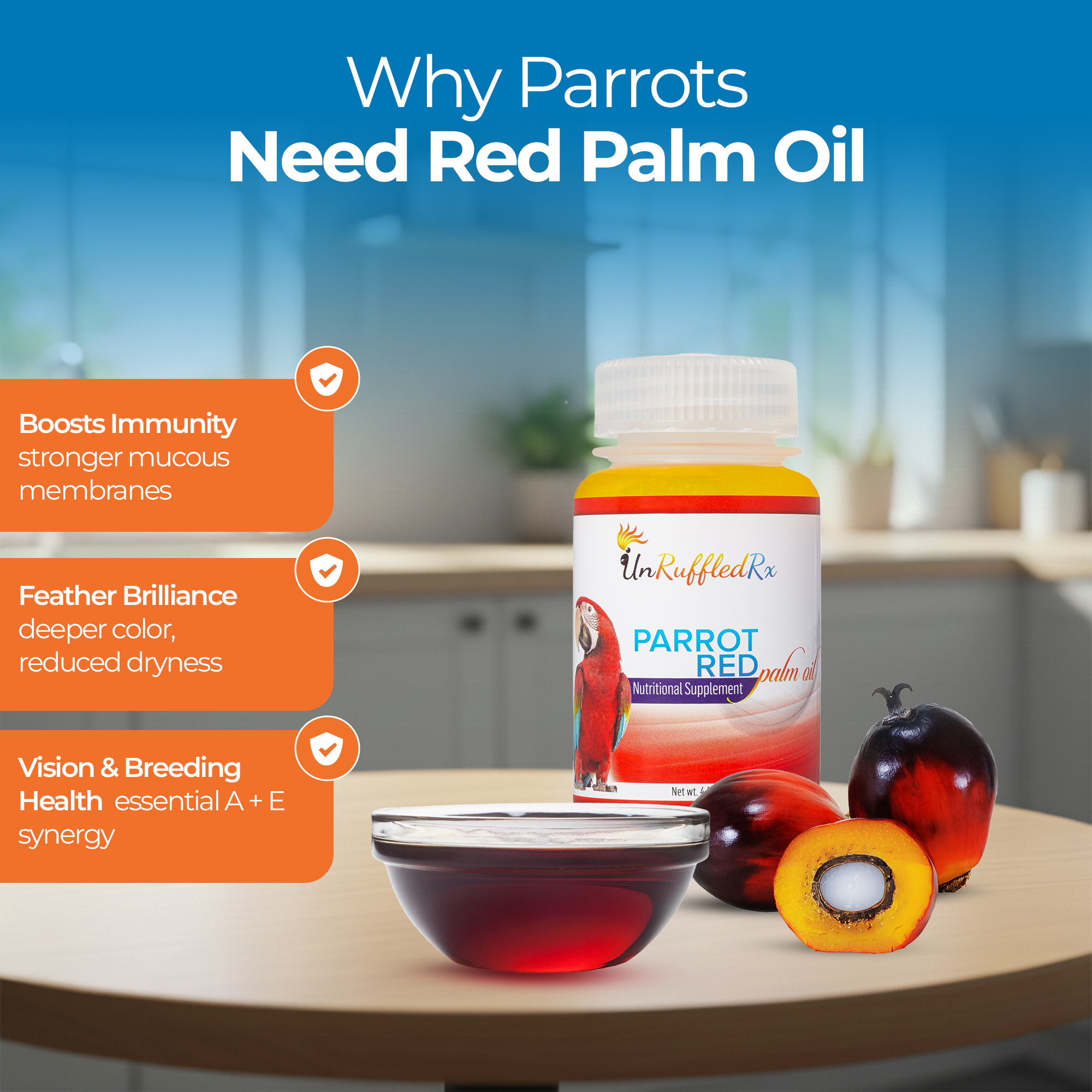 UnRuffledRx red palm oil for birds bottle with benefits list including immunity, feather brilliance, and vision support, 4 oz.