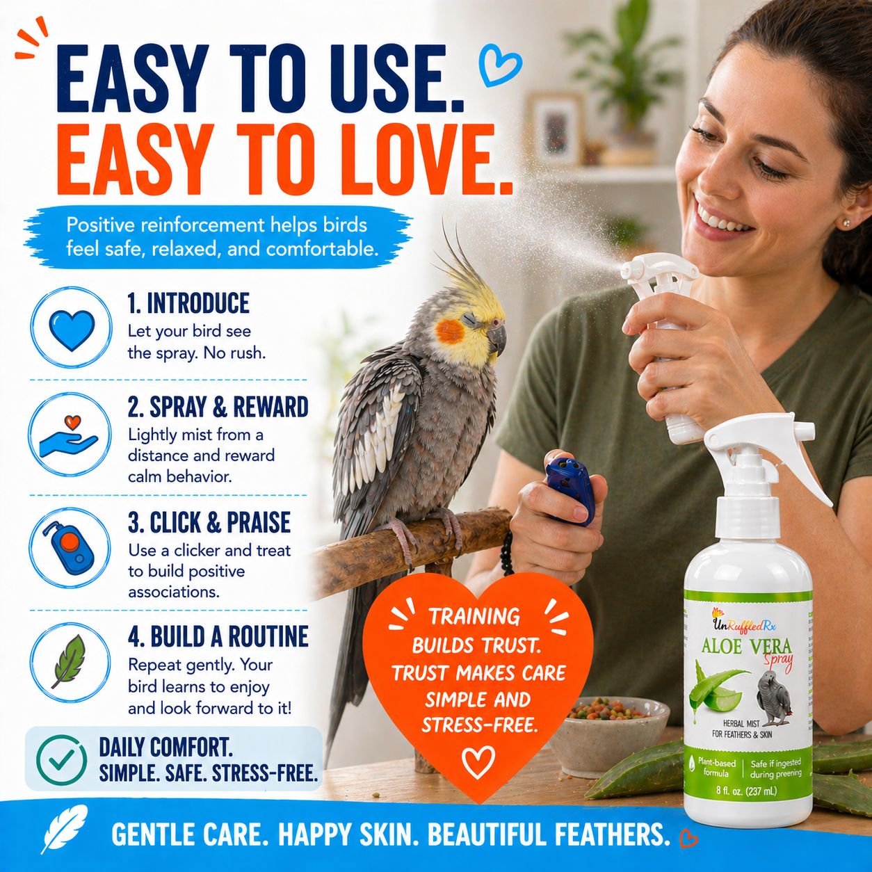 Woman interacting with a parrot while holding a spray bottle, with text on positive reinforcement for birds.