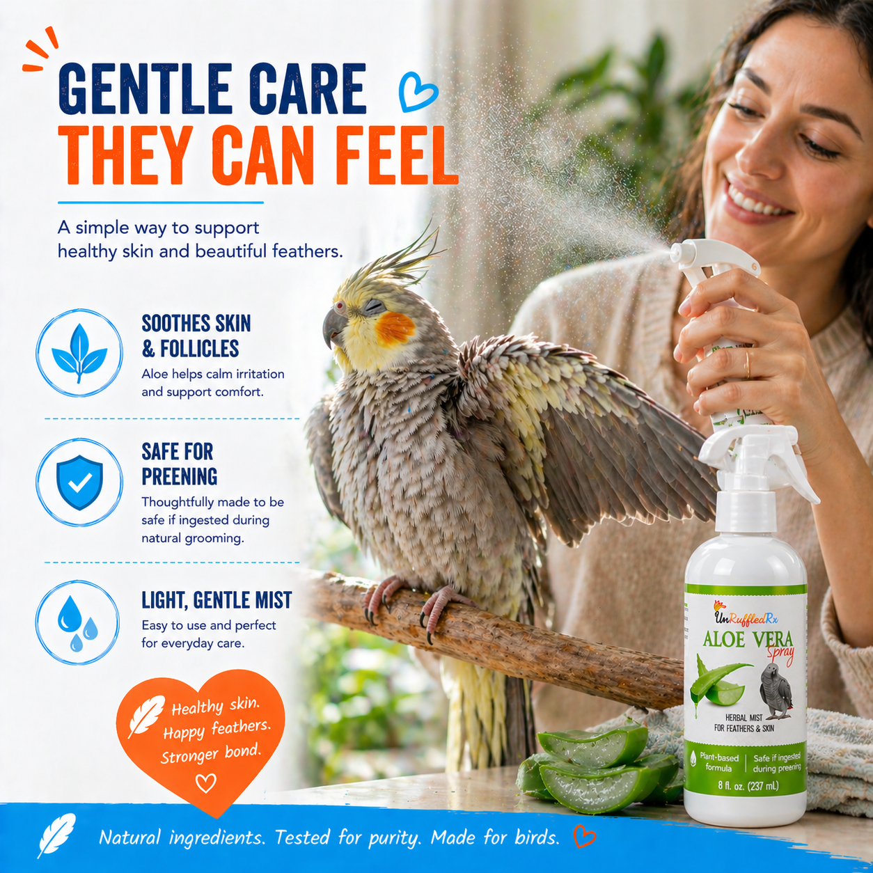 Person misting a parrot with a bottle labeled 'Aloe Vera' for pet care, with product features listed on the left.