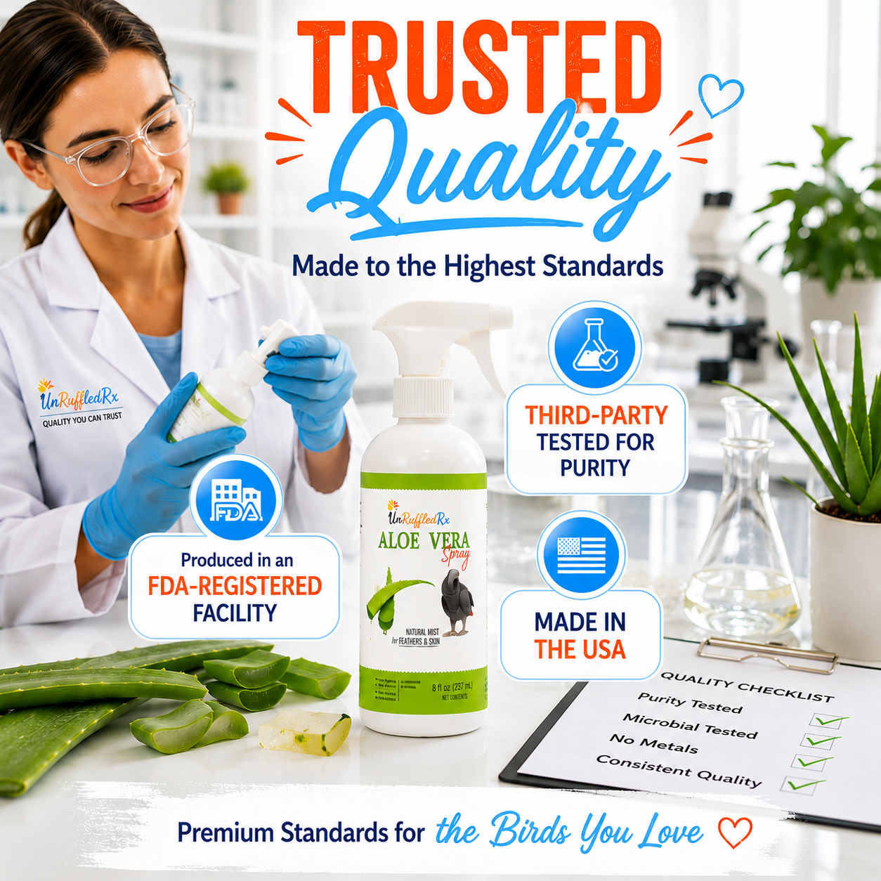 Lab tech testing UnruffledRx aloe for birds for third party testing