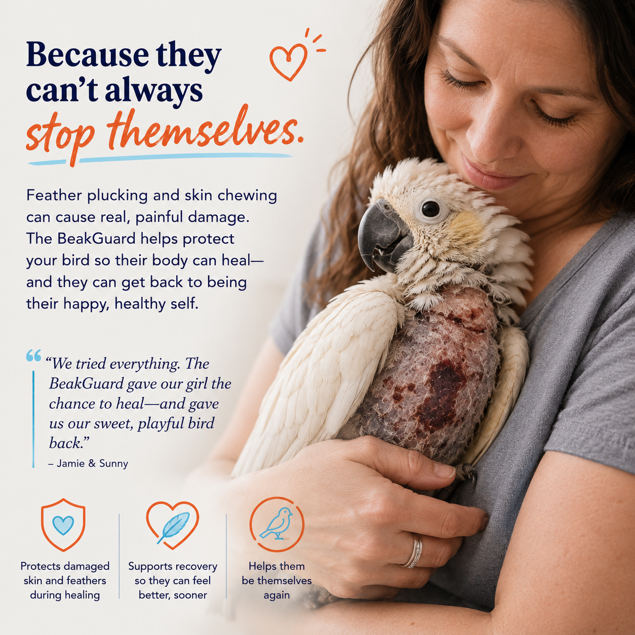 woman cuddling her self-mutilating bird showing the problem that self-mutilators face