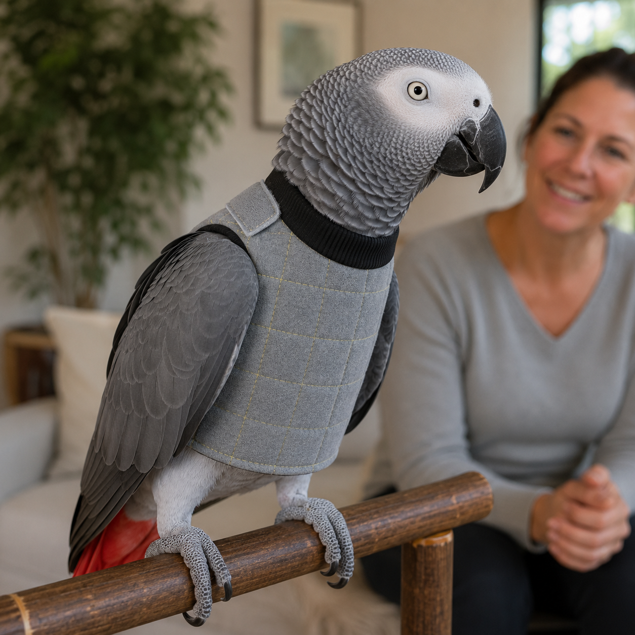 Gray parrot perched on a wooden stick with a blurred person in the background