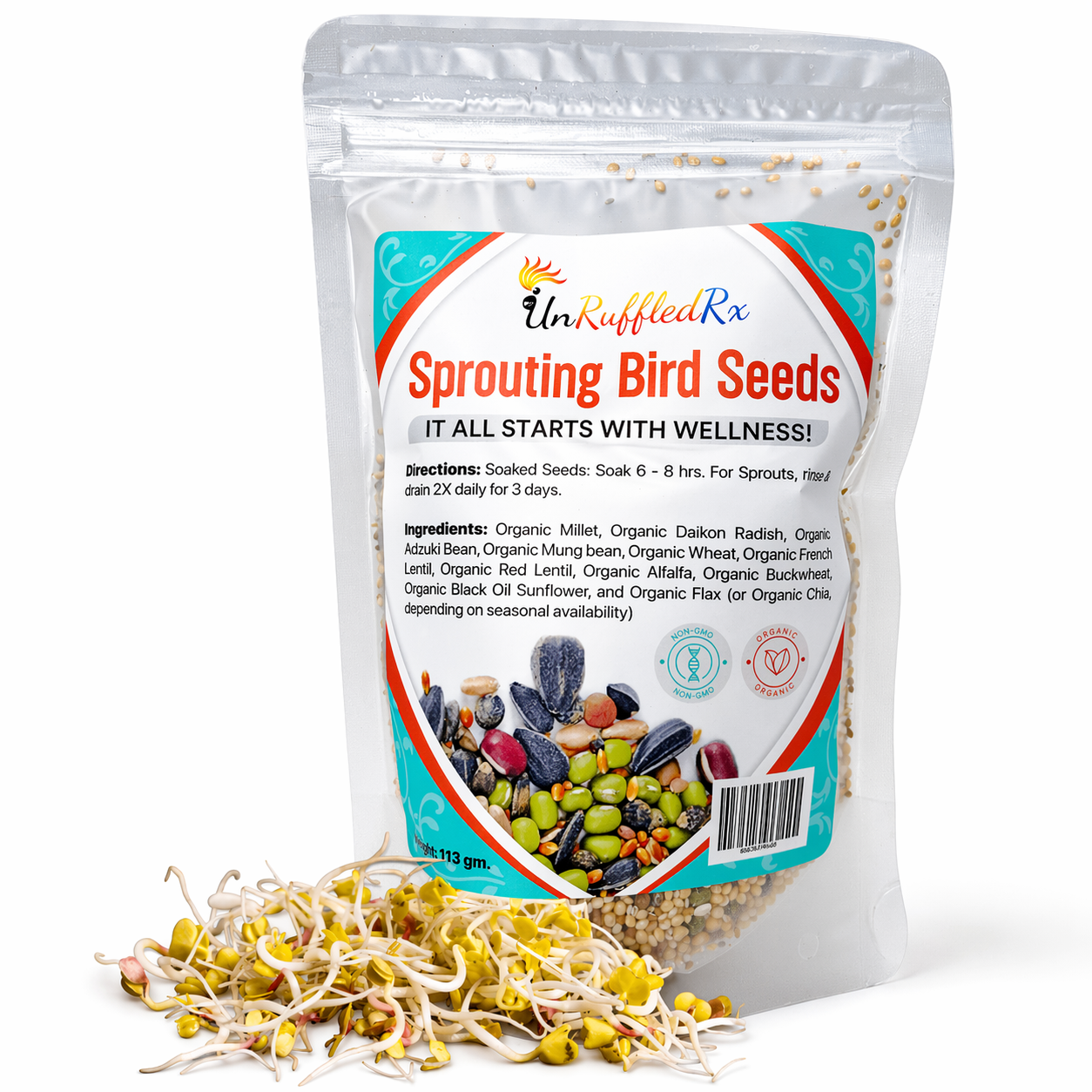 Package of UnRuffledRx Sprouting Bird Seeds with sprouts on a white background