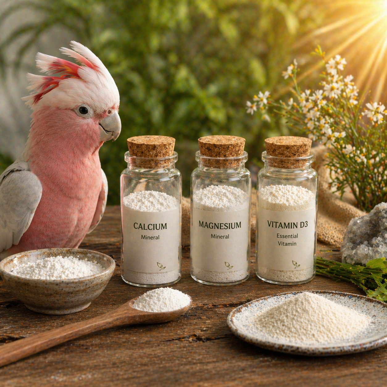 Pink cockatoo with jars labeled Calcium, Magnesium, and Vitamin D3 which work together synergistically