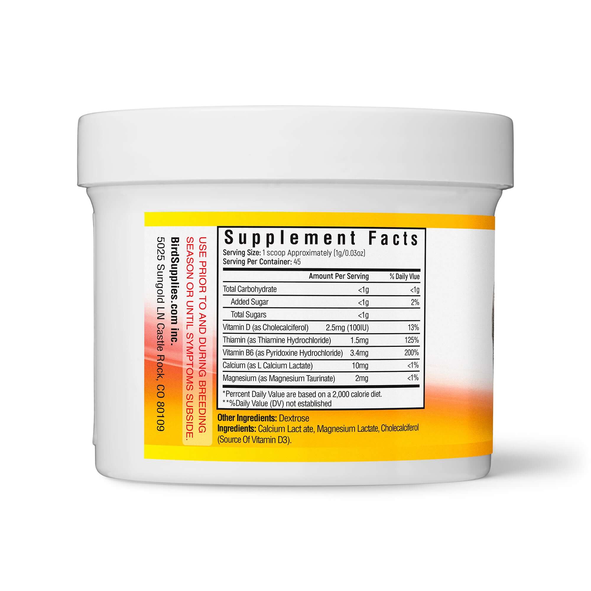 UnRuffledRx Calcium for birds with D3 & Magnesium supplement facts label