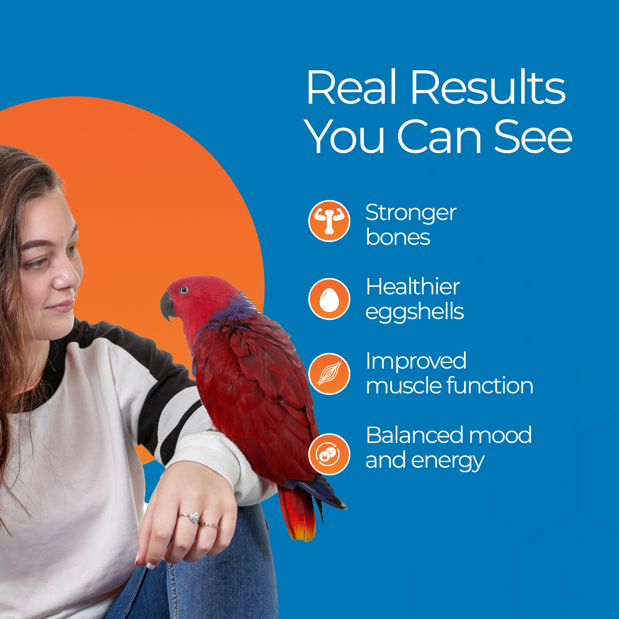 Woman with a parrot discussing benefits such as stronger bones from Bird Calcium supplement.