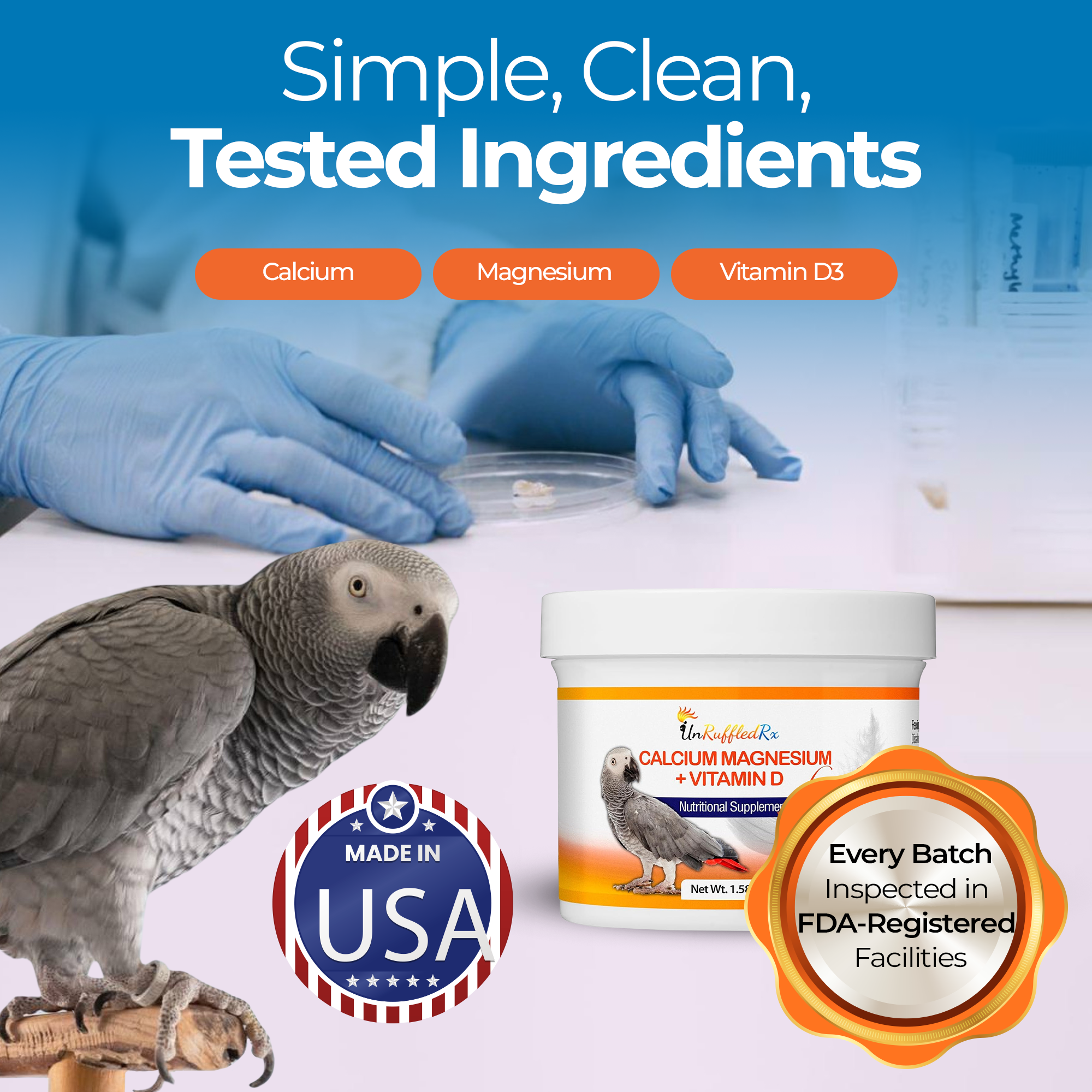 Calcium supplement for birds with D3 and Magnesium in FDA-inspected facility, featuring USA-made assurance