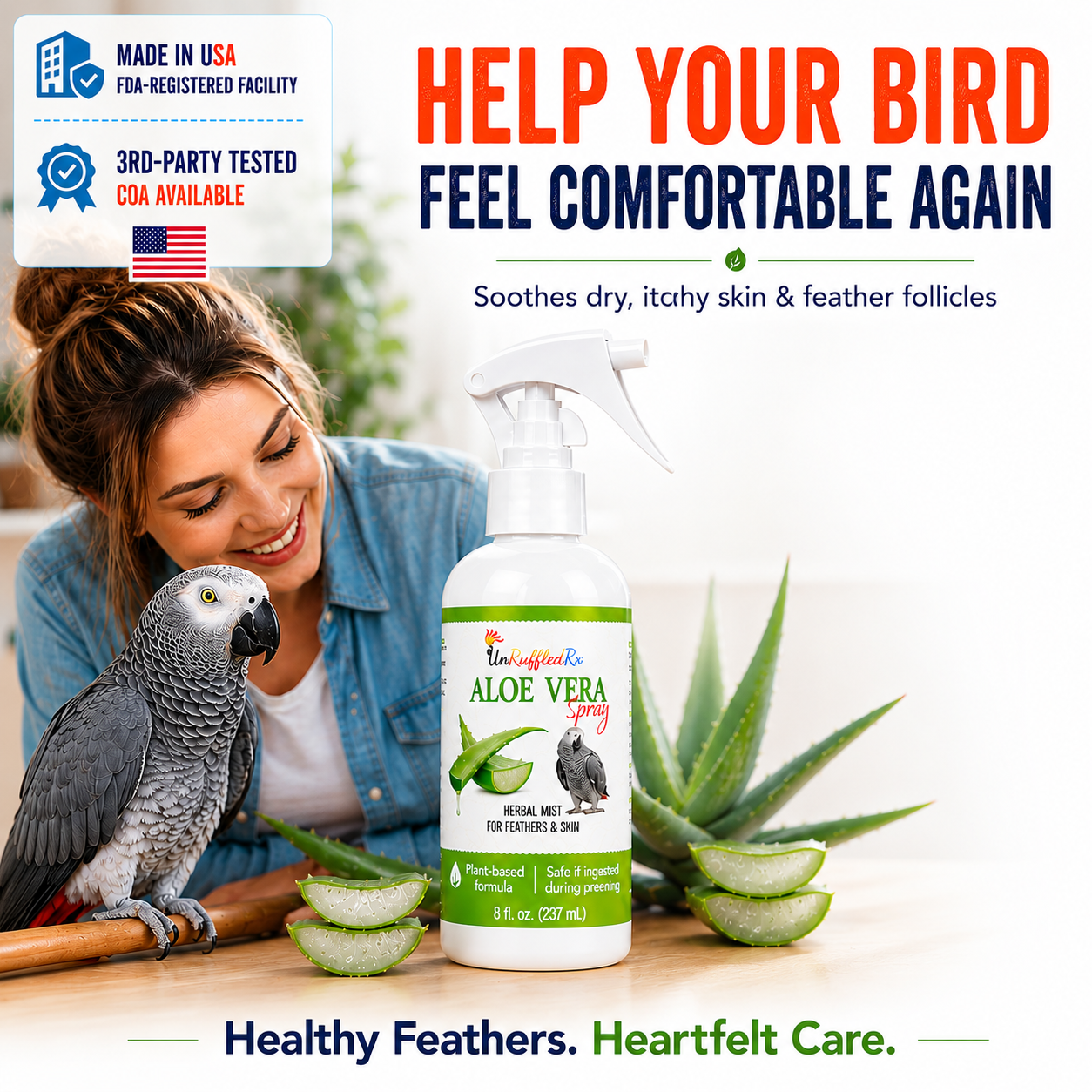 Aloe vera spray bottle for birds with a woman and parrot on a table, and aloe plant in the background.