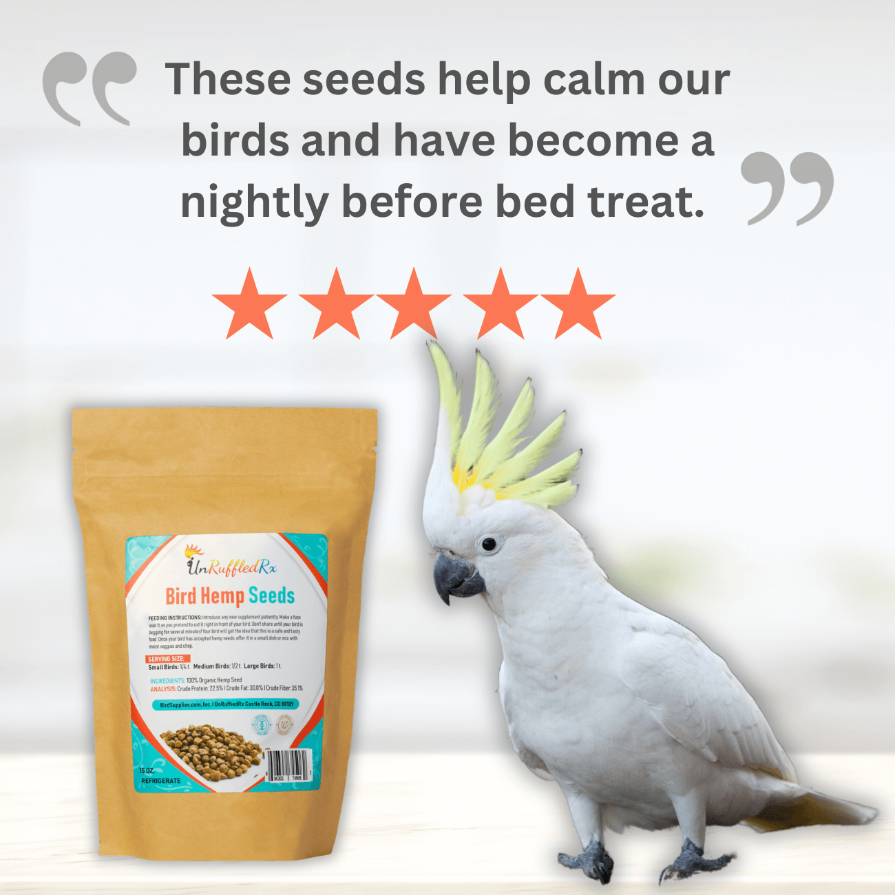 UnRuffledRx Bird Hemp Seeds In Shell with parrot for calm and comfort