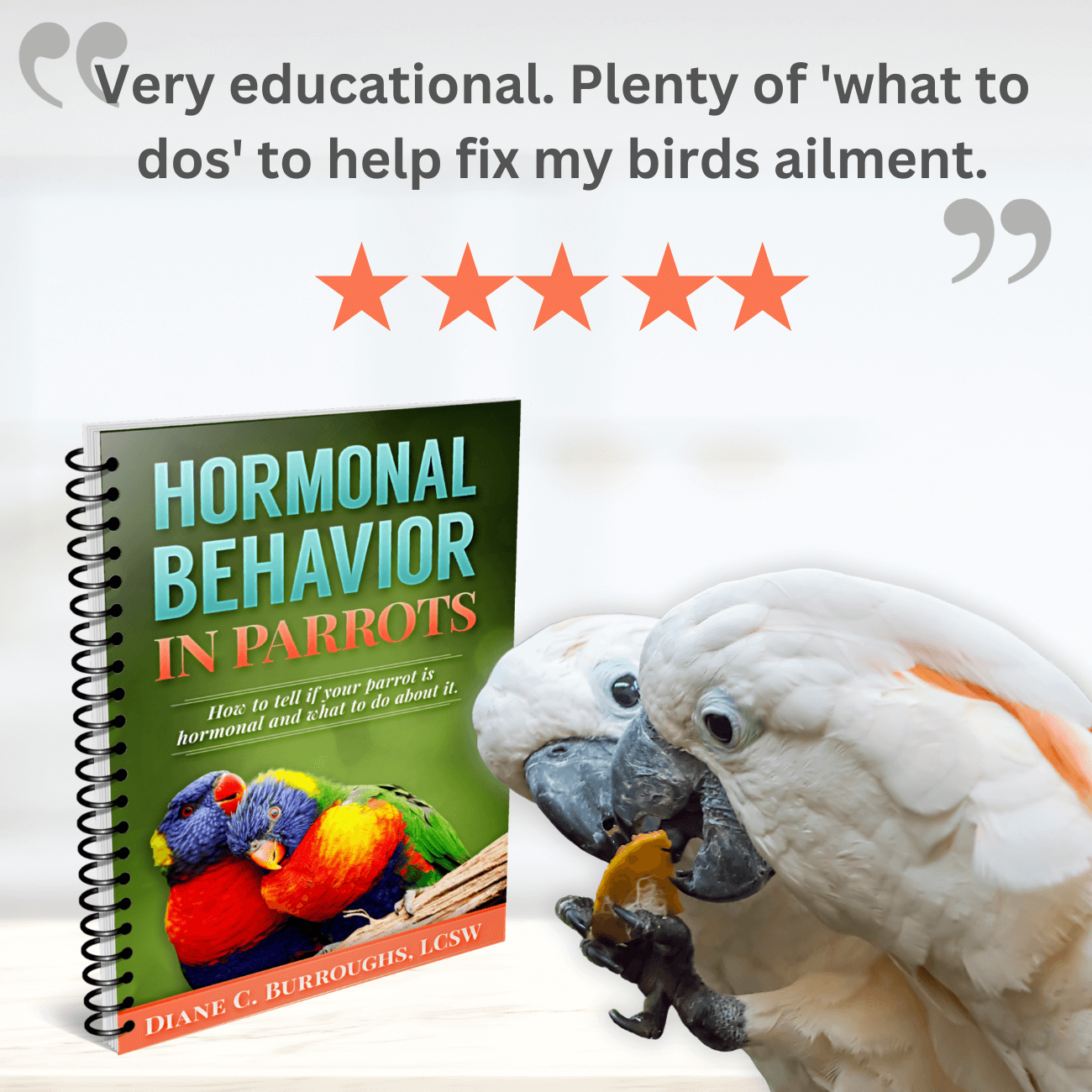 Parrot reading 'Hormonal Behavior in Parrots' book about bird hormones with a five-star review.
