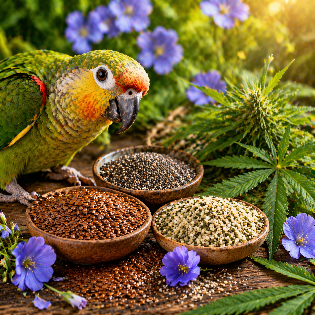 Flax, chia, and hemp seeds rich in omega fatty acids for birds, supporting skin health, feather quality, and reduced dryness and over-preening in parrots and pet birds