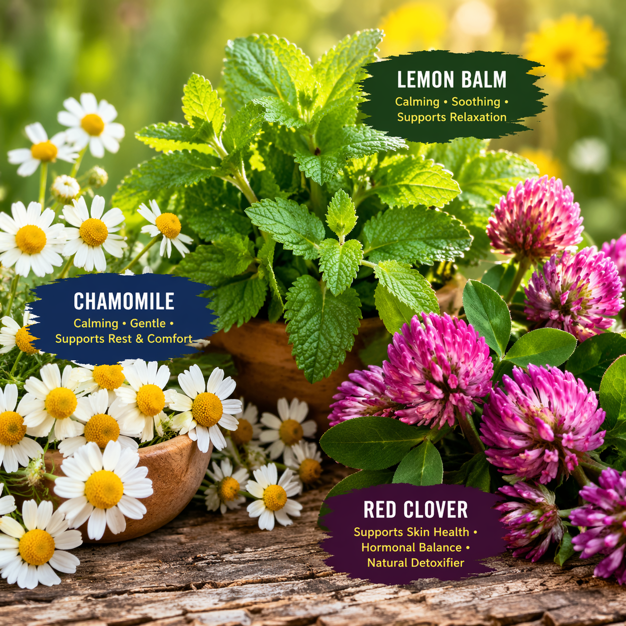 Chamomile flowers, lemon balm leaves, and red clover blossoms arranged together, highlighting calming herbs for birds, natural stress support, skin and feather health, and avian-safe botanical ingredients used for calming behavior and soothing irritation in parrots and pet birds