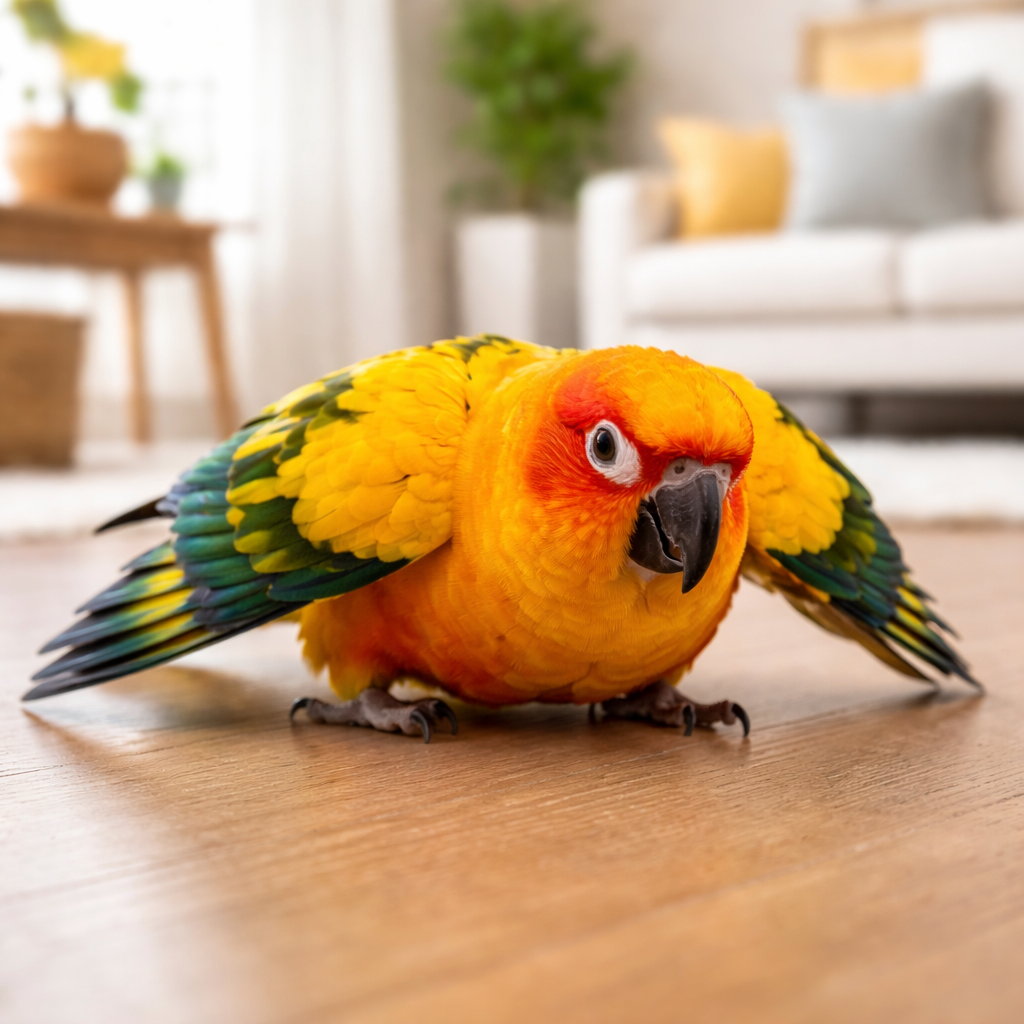 Sun conure displaying a hormonal posture