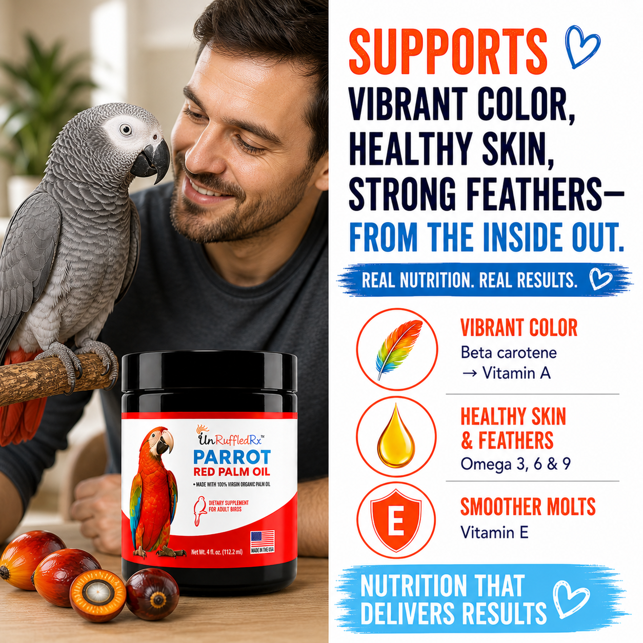 Man with a parrot and a bottle of RuffRuffParrot Red Palm Oil on a wooden surface.