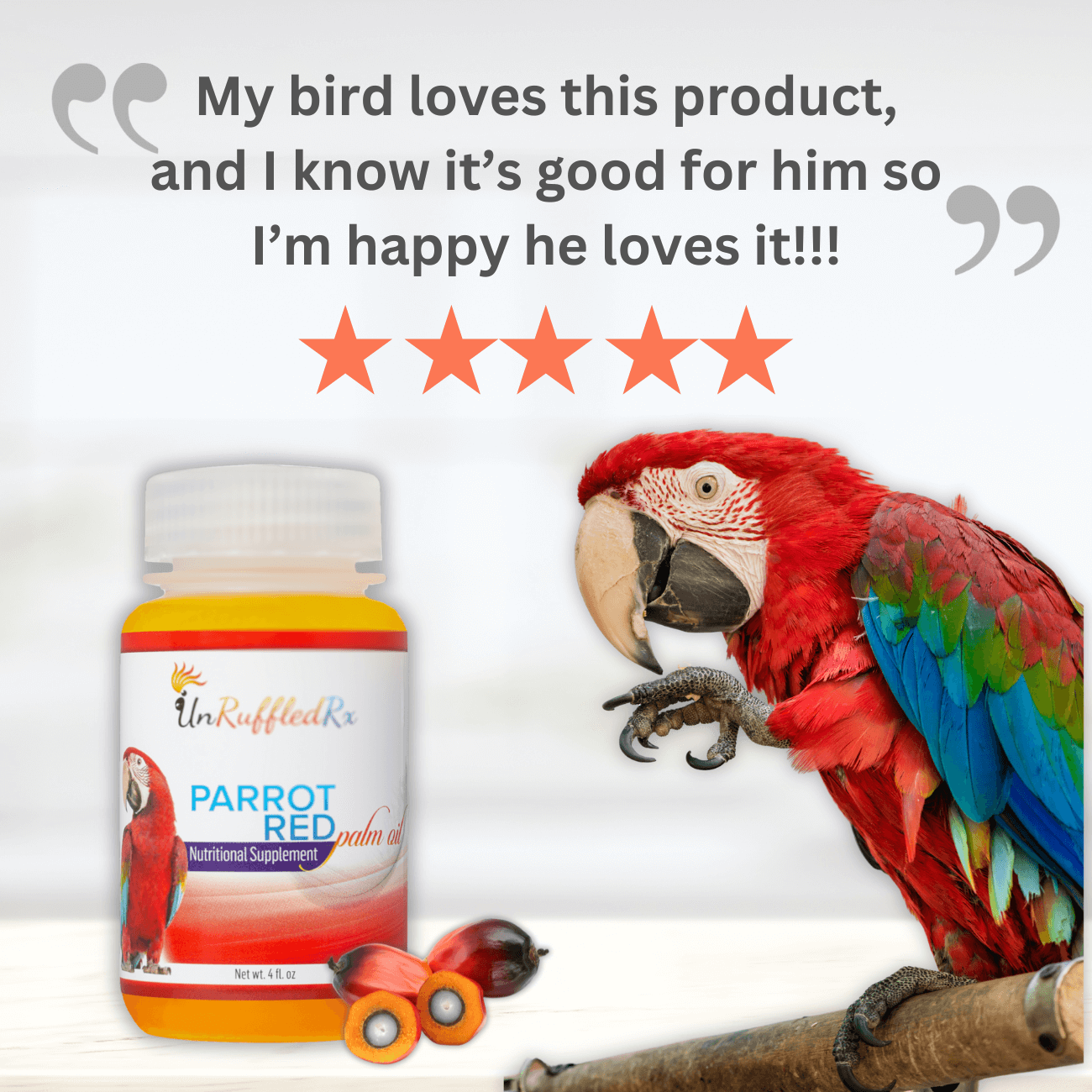 UnRuffledRx Red Palm Oil for Birds with parrot, boosts feather health, 5-star review. Perfect red palm oil for birds nourishment.
