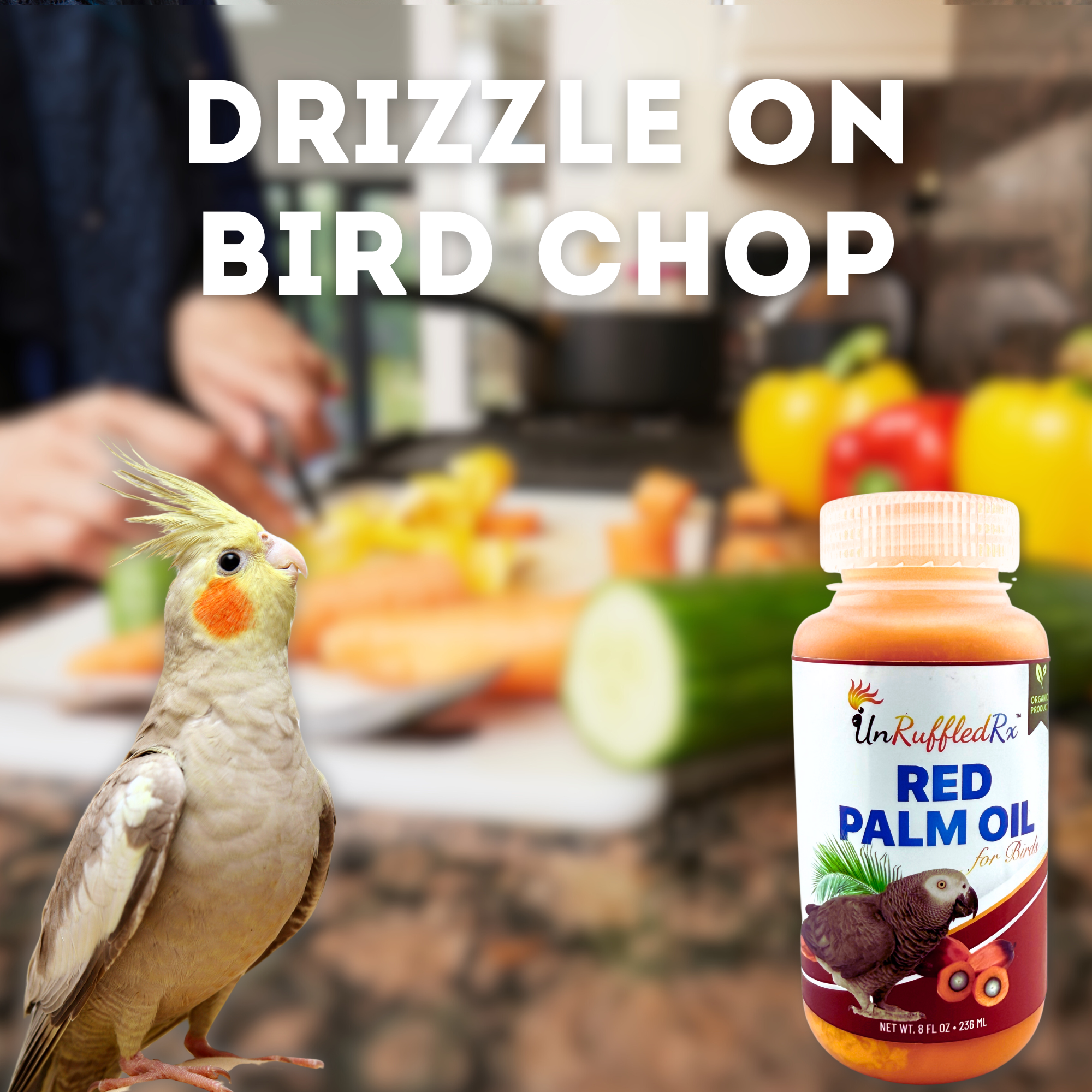 UnRuffledRx Red Palm Oil for birds bottle with parrot and vegetables in kitchen scene