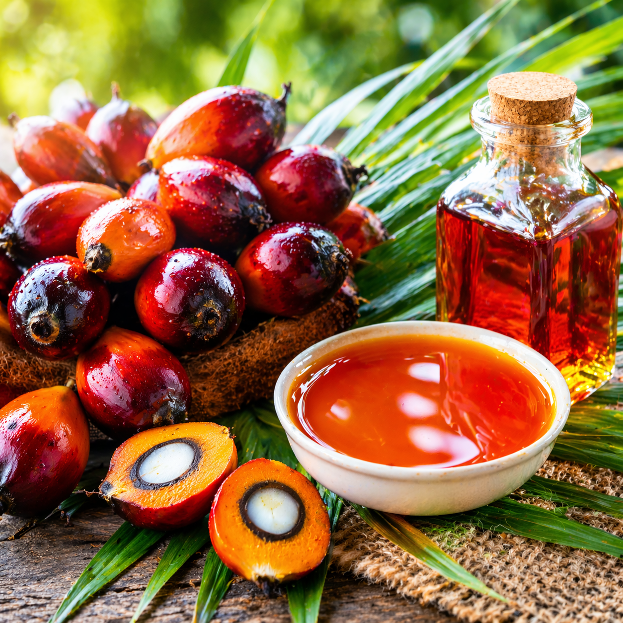 Red palm fruit and oil rich in natural vitamin A, used in avian nutrition to support feather health, skin condition, and healthy molting in parrots and pet birds