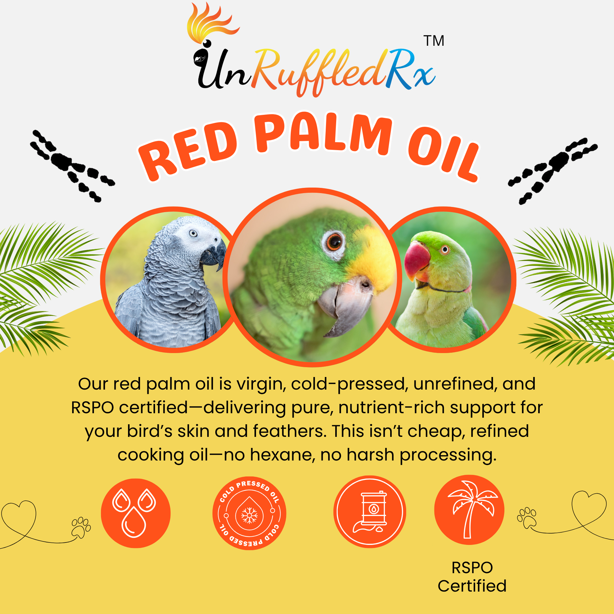 UnRuffledRx Red Palm Oil for Birds with parrots, 4 oz bottle, nutrient-rich and RSPO certified.