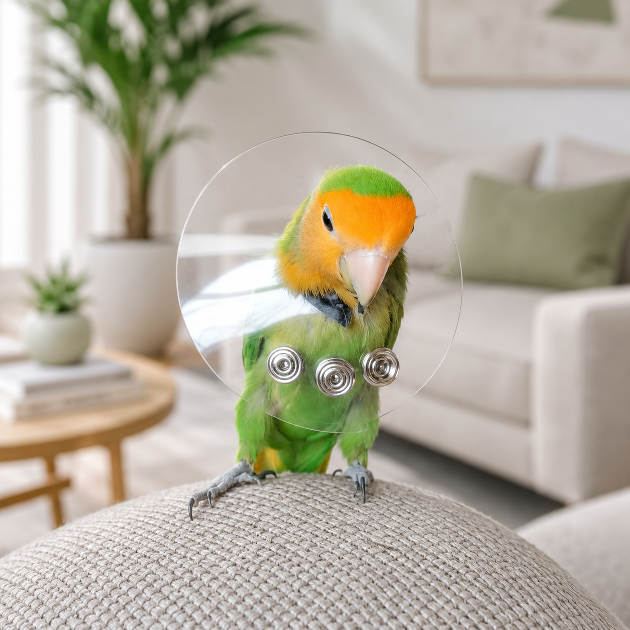 Lovebird wearing a Saf-T Shield medical grade bird collar