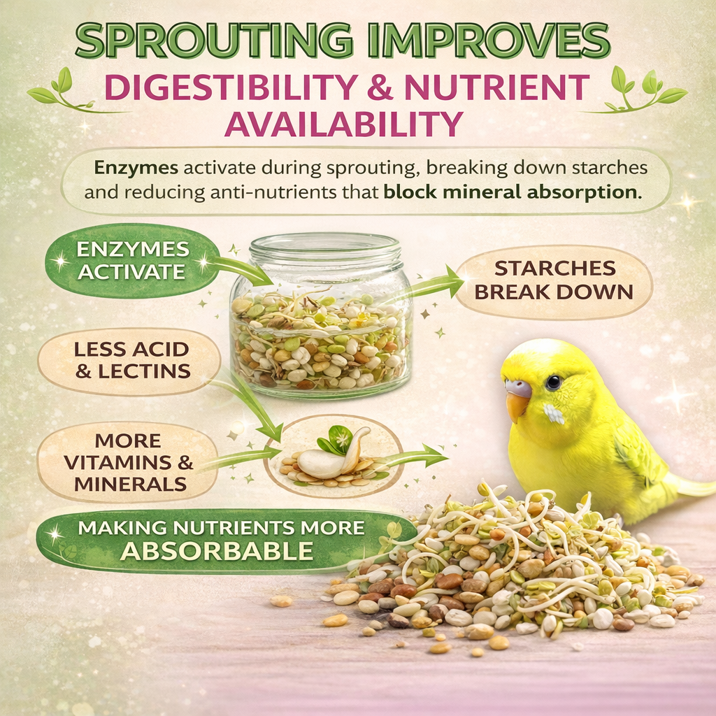 Diagram showing the benefits of sprouting for improving digestibility and nutrient availability with a yellow parakeet.