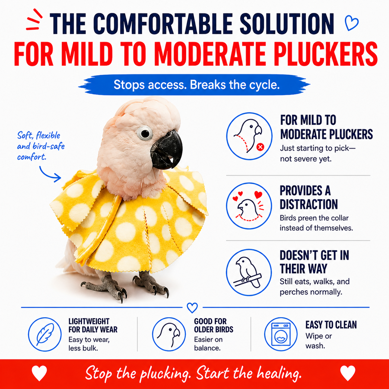 Parrot wearing a yellow polka dot bird collar with product description text on a white background