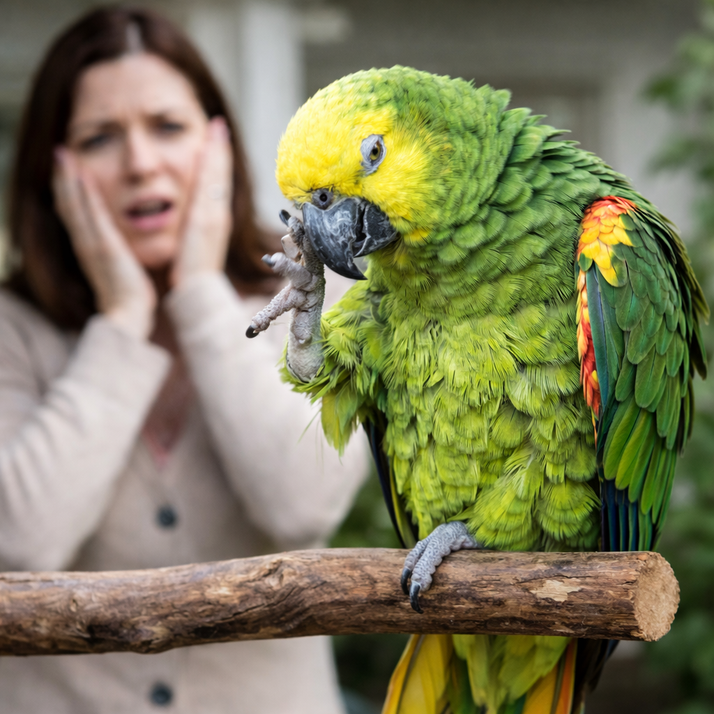 Green parrot with colorful feathers perched on a branch, with a blurred background of a person reacting.