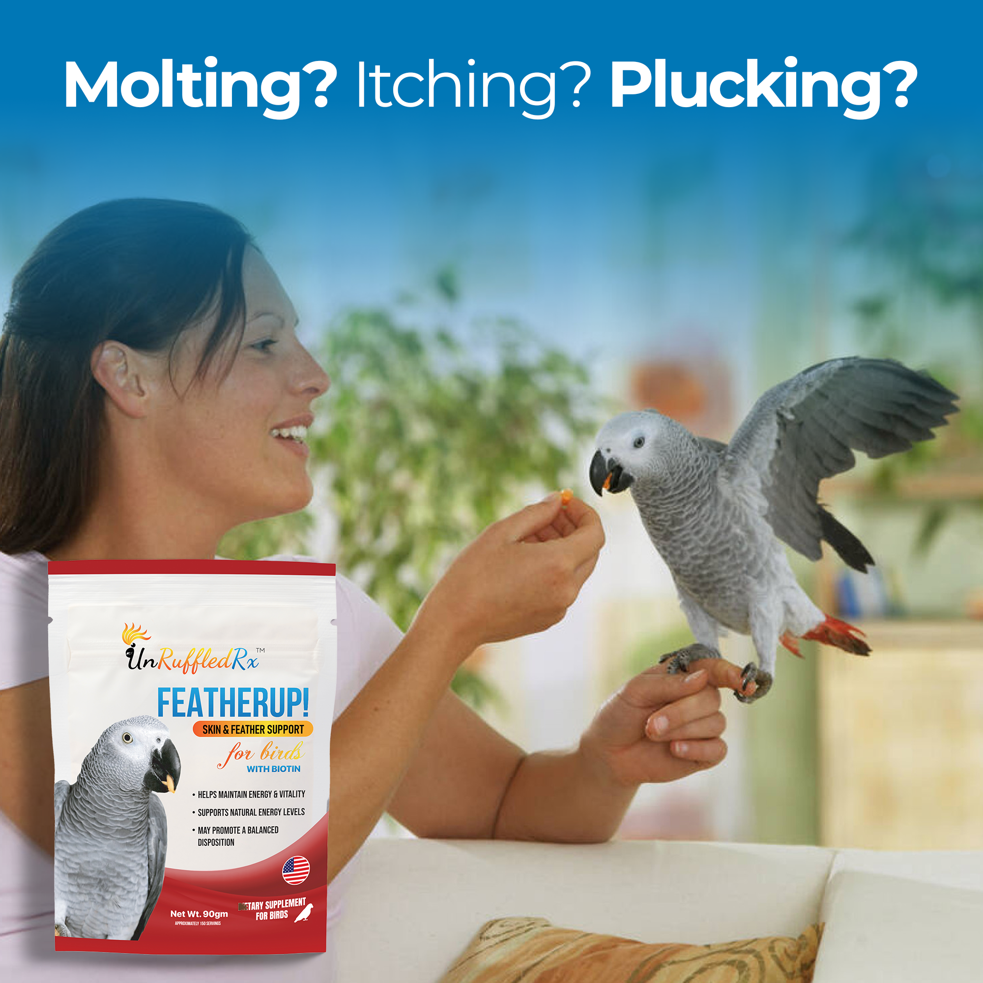 Woman feeding parrot with UnRuffledRx FeatherUp bird vitamins for picky eaters, addressing molting, itching, plucking issues.