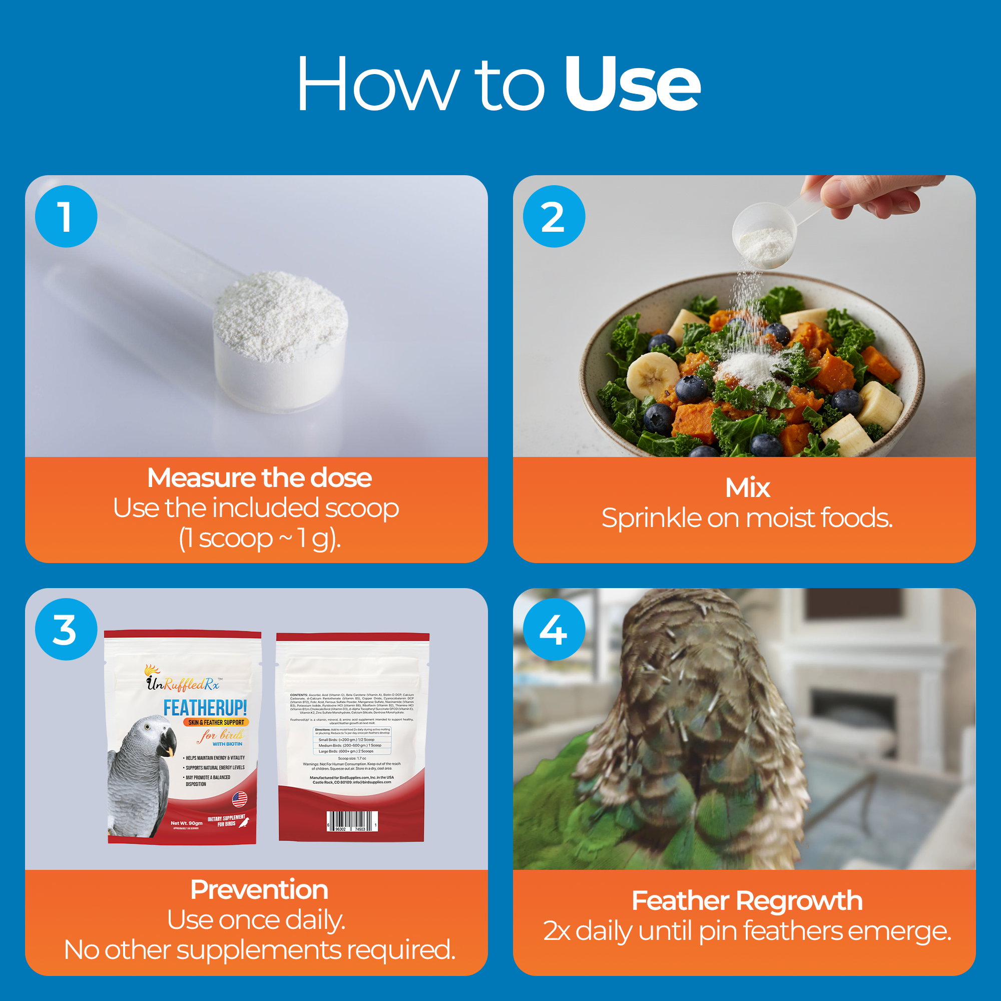 Steps for using UnRuffledRx FeatherUp! bird vitamins for picky eaters: Measure, Mix, Prevention, and Feather Regrowth guide.