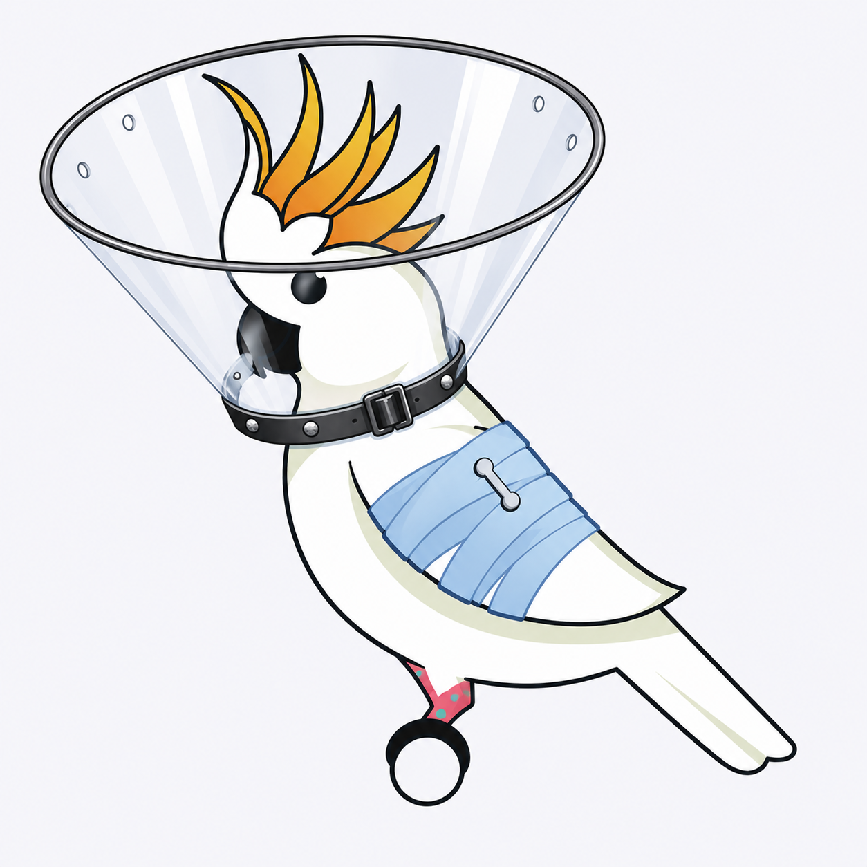 parrot with broken wing that needs a secure bird collar to protect the wound area