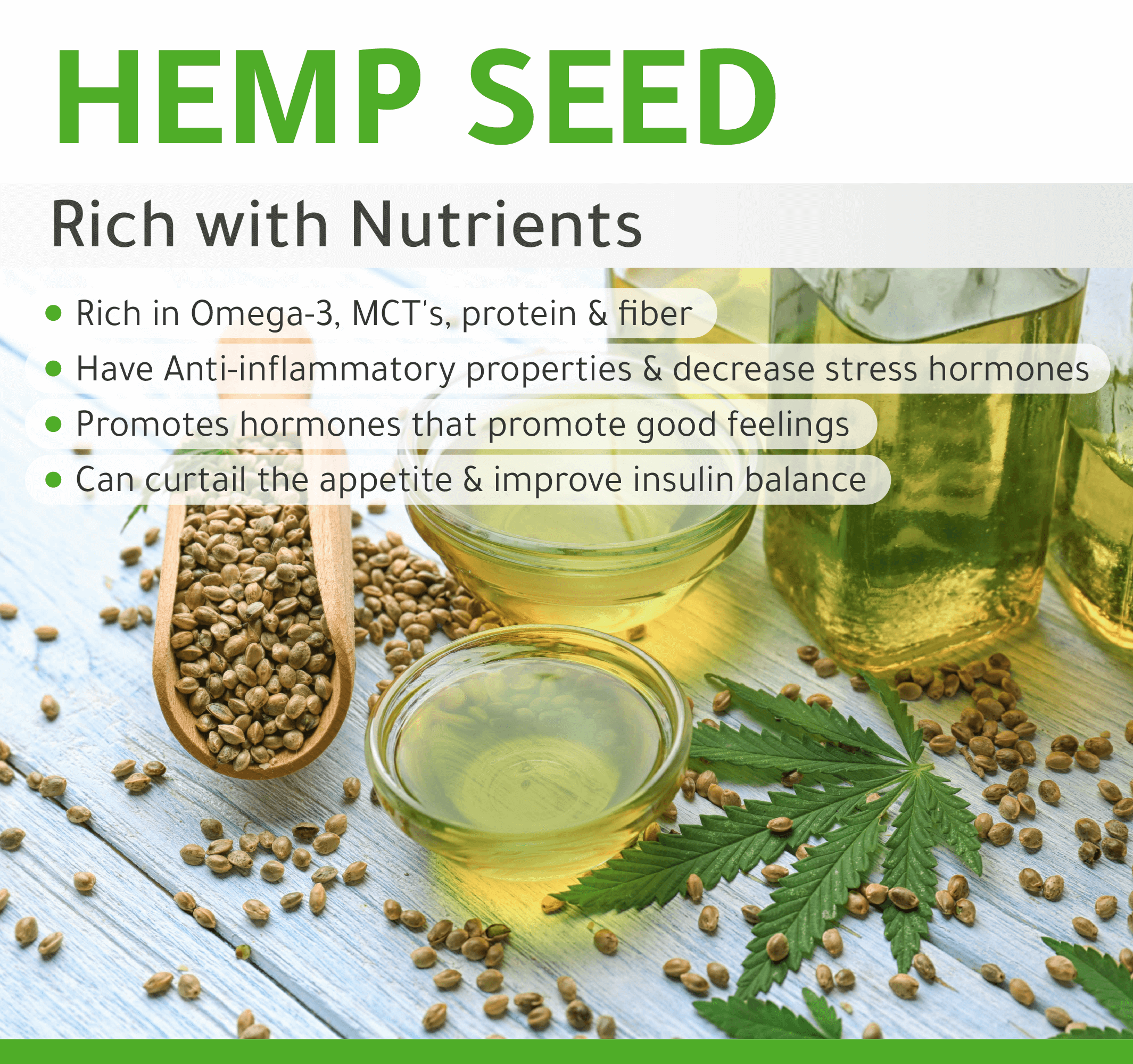 Bird hemp seeds rich in omega-3, promoting well-being and calm, displayed with hemp oil and leaves.
