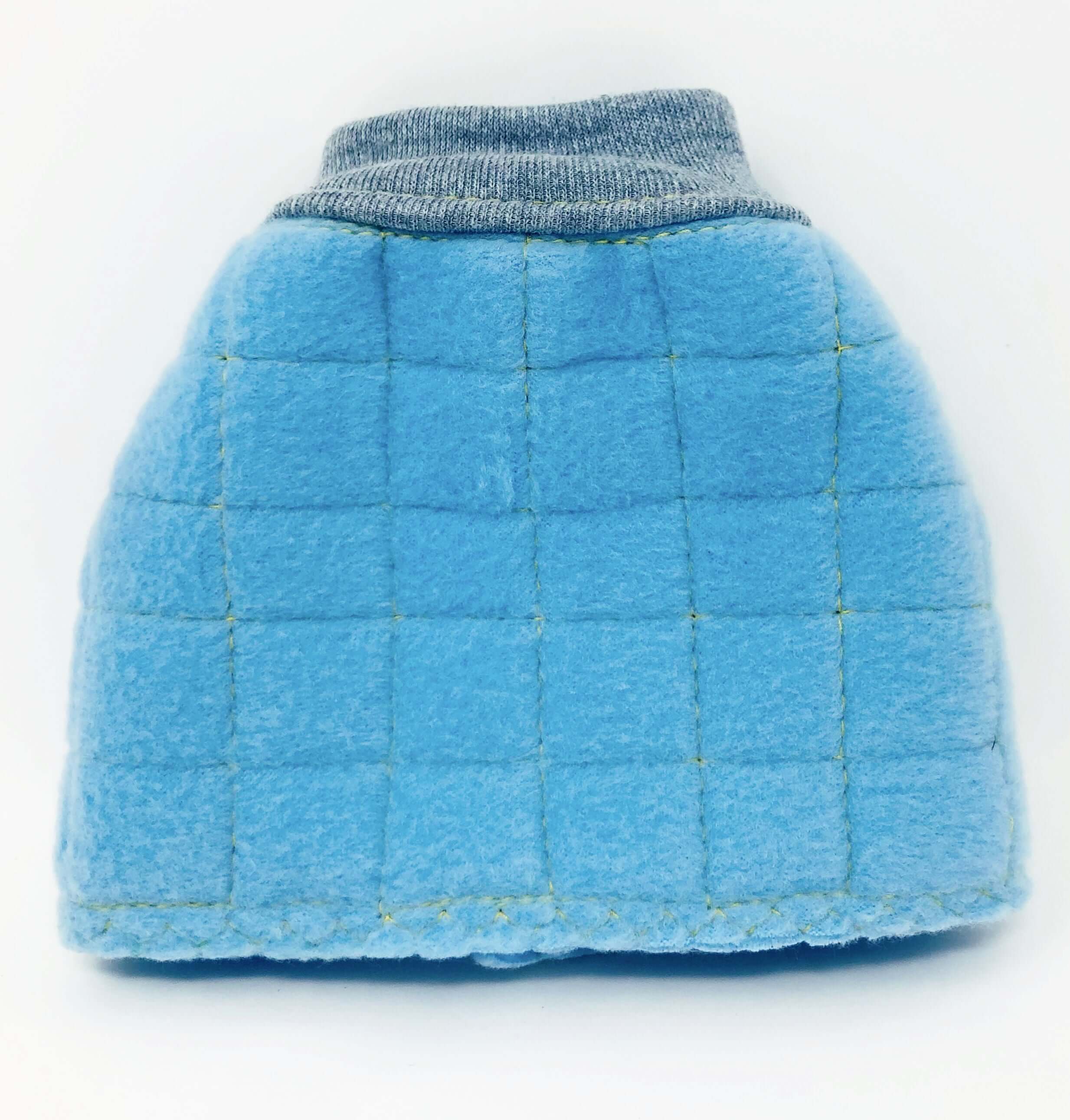 Blue UnRuffledRx BeakGuard bird self mutilation vest with soft fleece design for parrot protection.