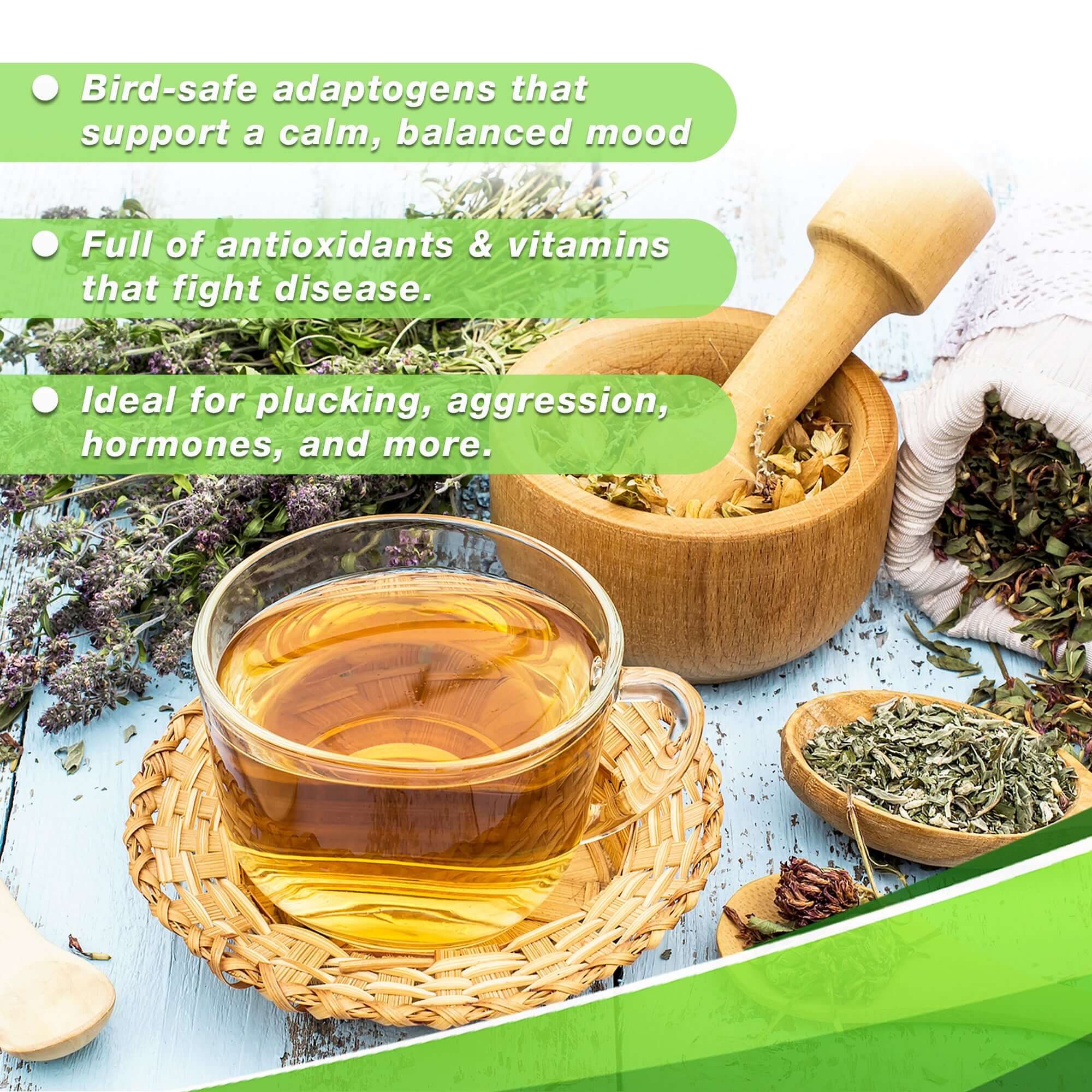 UnRuffledRx Bird Relaxation Bundle to calm a stressed bird naturally with adaptogens and antioxidants, ideal for bird anxiety relief.