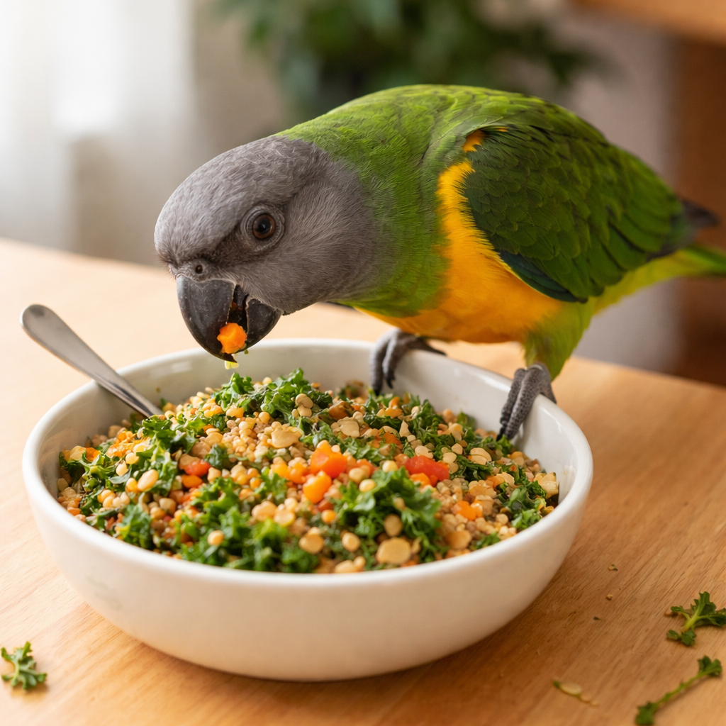 Senegal parrot eating fresh vegetable chop made from leafy greens, carrots, and grains