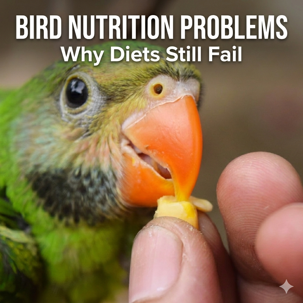 Close-up of a green parakeet being hand-fed a treat with text overlay: Bird Nutrition Problems: Why Diets Still Fail.