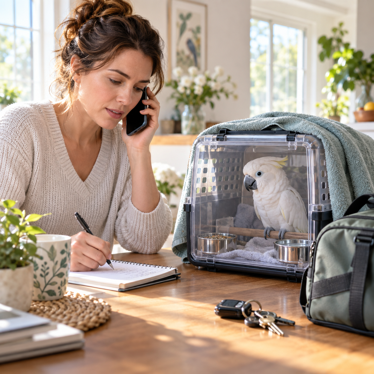 Concerned bird owner trying to find a vet while a cockatoo rests in a clear carrier.