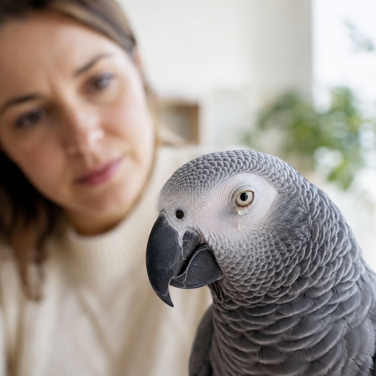 African grey parrot with a watery eye and eye discharge while a concerned owner looks on.