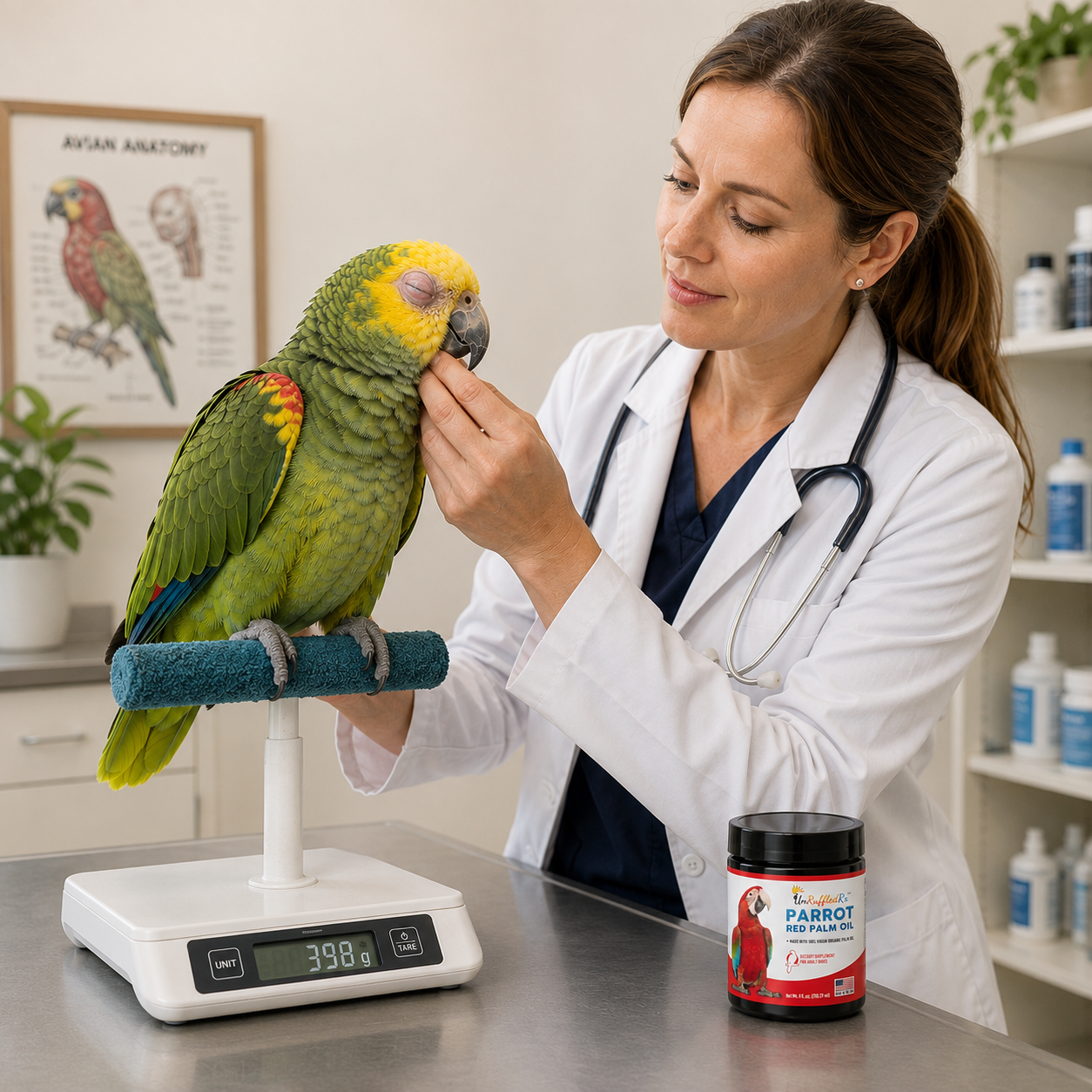 avian veterinarian examining a double yellow-headed Amazon parrot with a swollen eye