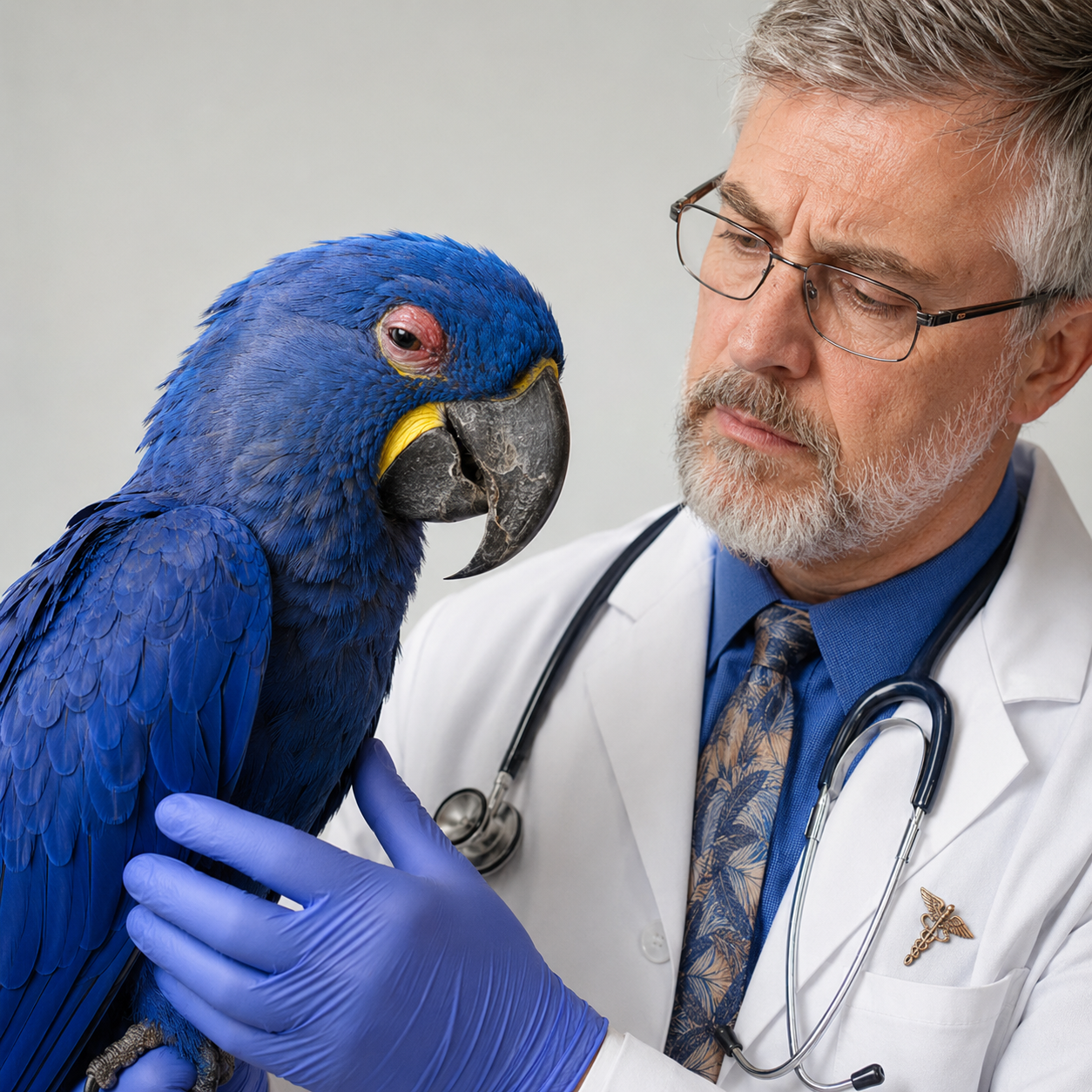 Concerned avian veterinarian holding a blue macaw with a swollen, red eye