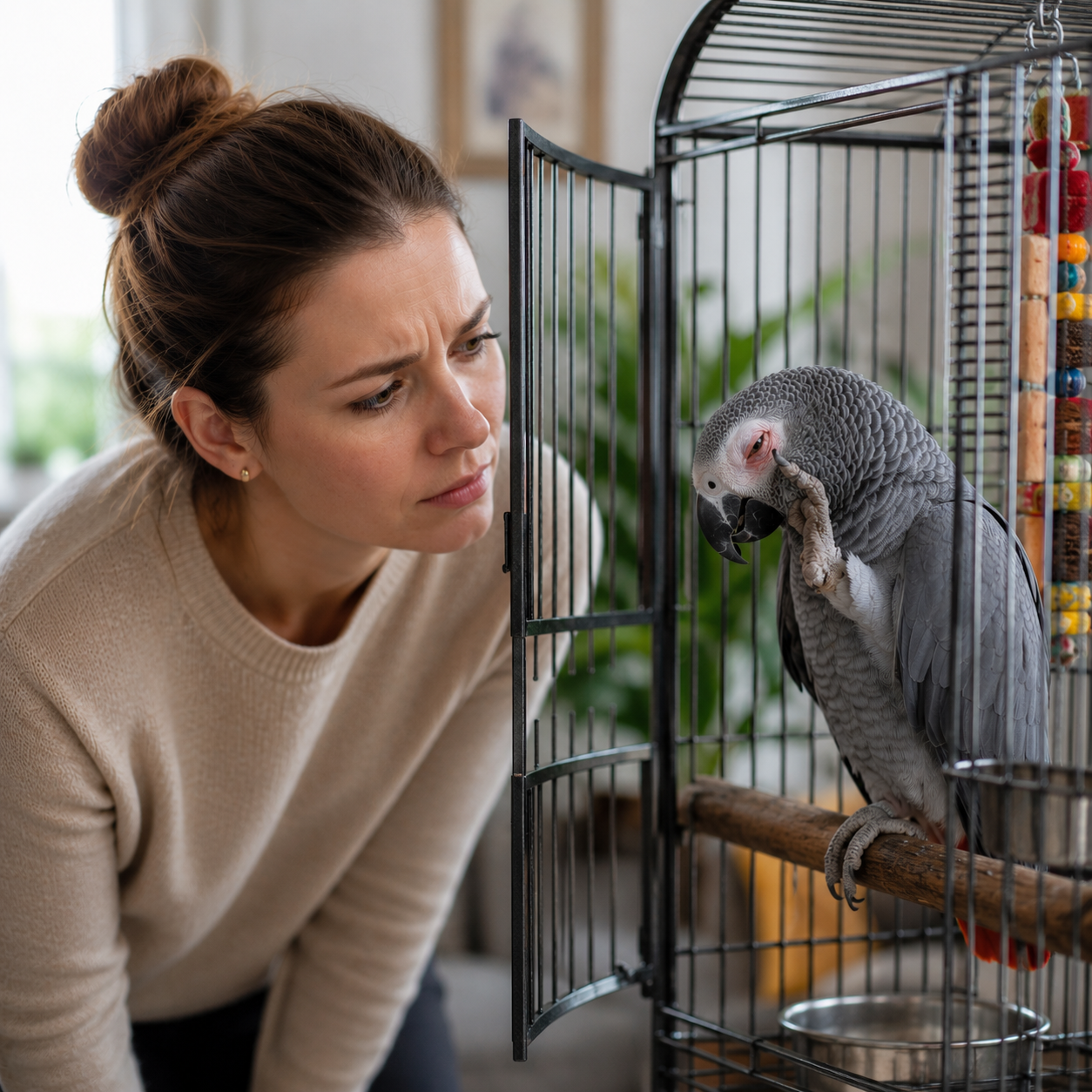 parrot rubbing eye as worried owner looks on