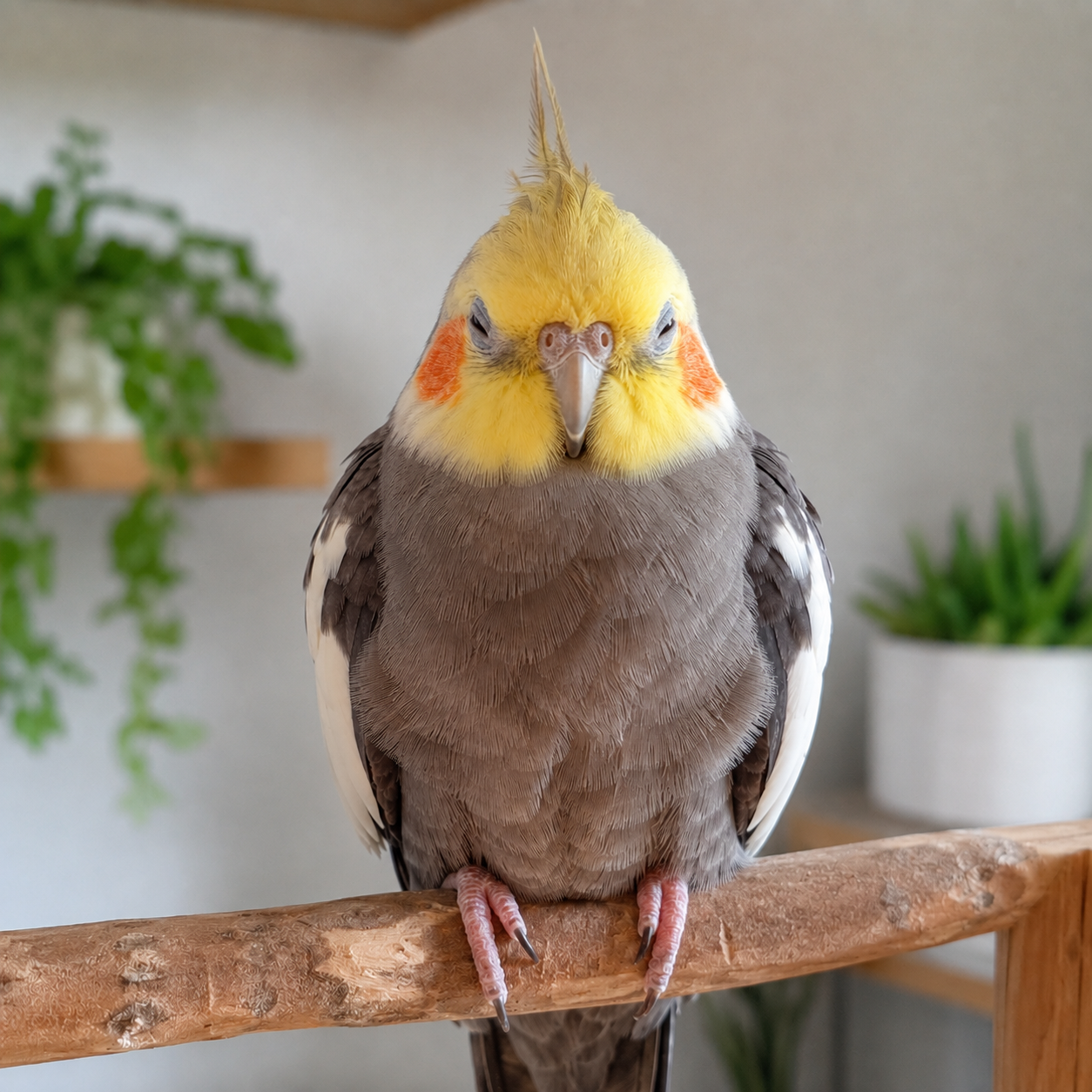 Cockatiel sitting quietly on a perch with both eyes half closed