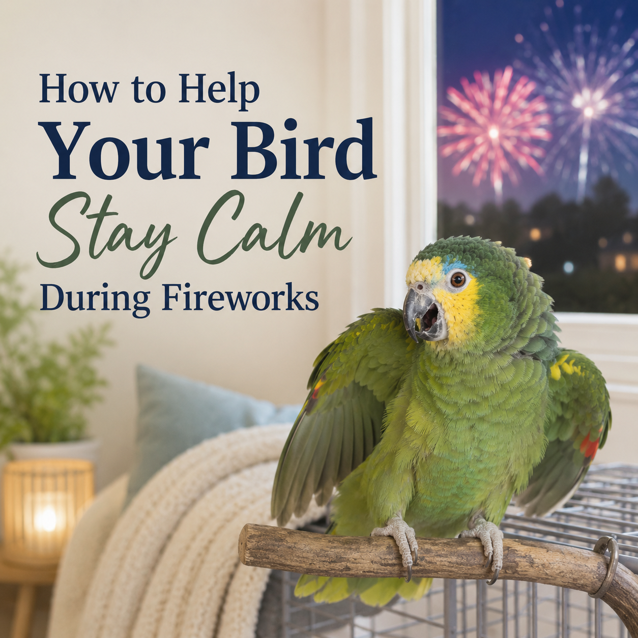 Amazon parrot startled by fireworks indoors with tips to help pet birds stay calm and feel safe during the Fireworks and other loud celebrations.