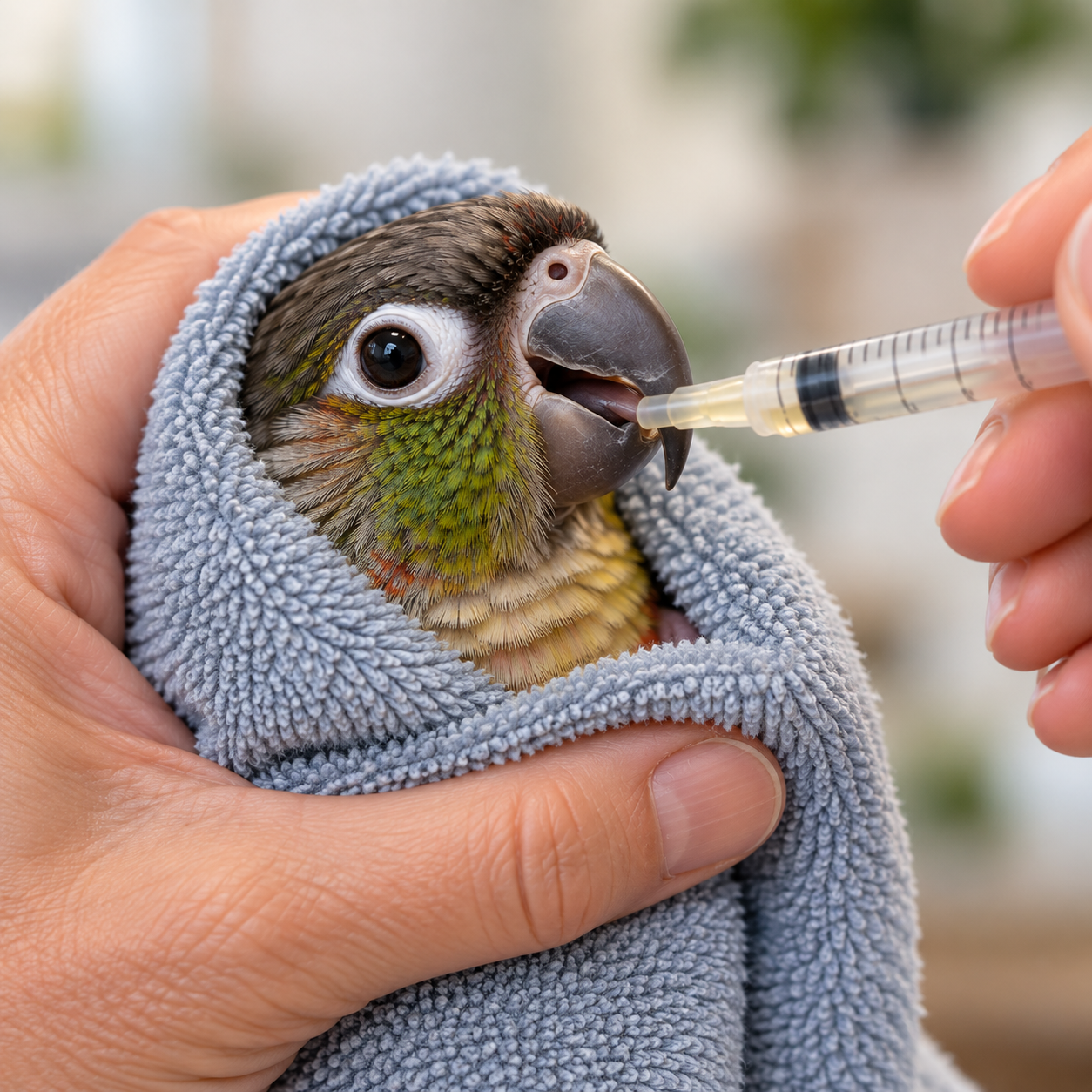 Green-cheek conure wrapped in a towel while a caregiver gently gives liquid medication by syringe.