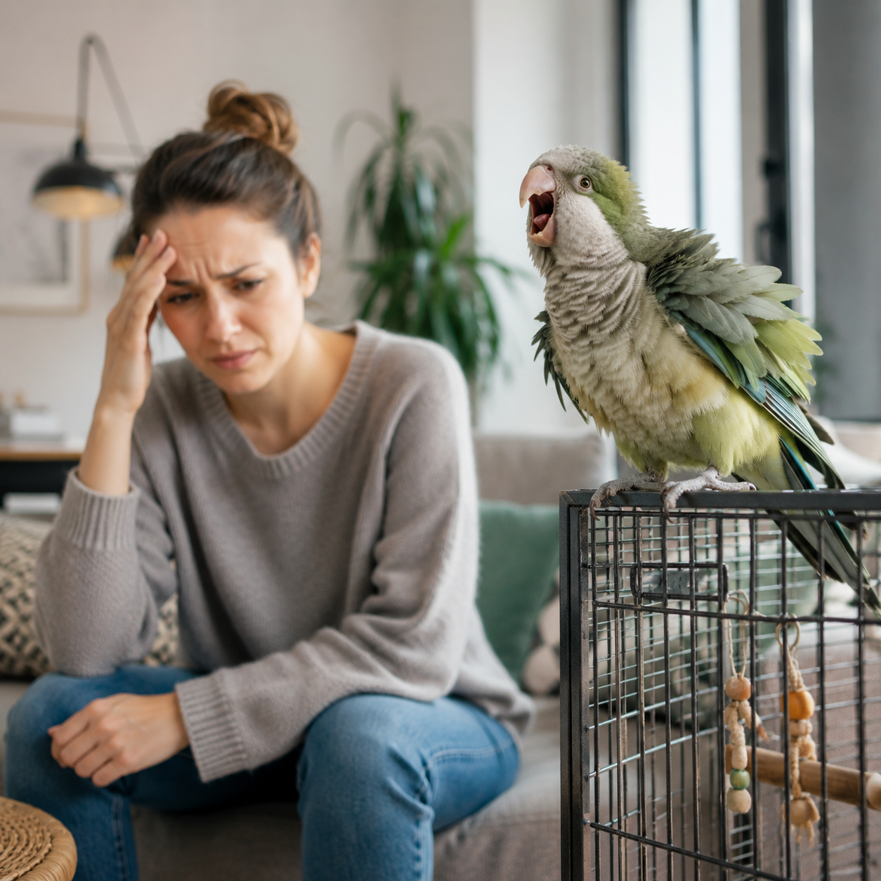 frustrated owner with a screaming bird