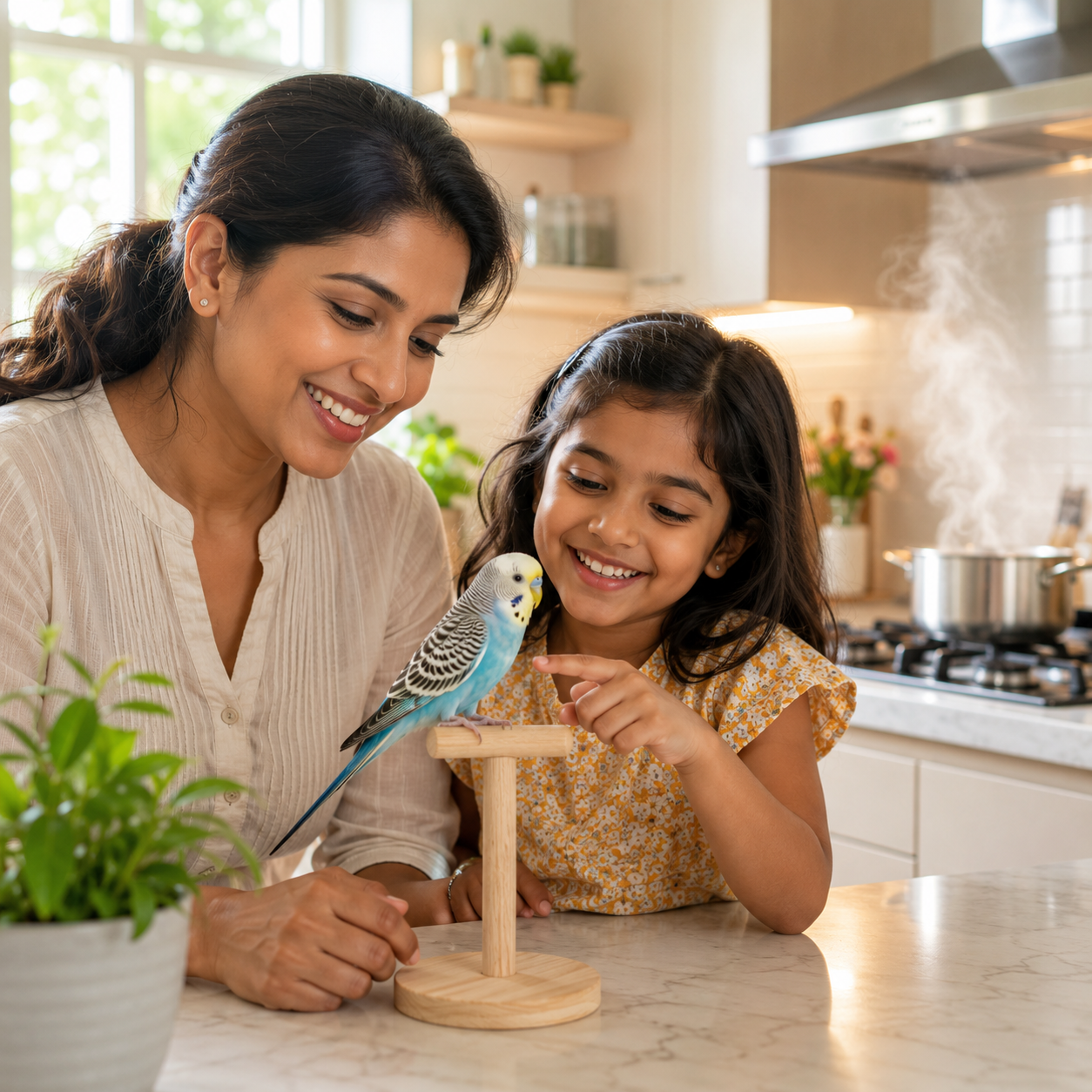 Woman and daughter in kitchen admiring their new budgie, with something cooking on the stove — bird safety in the home