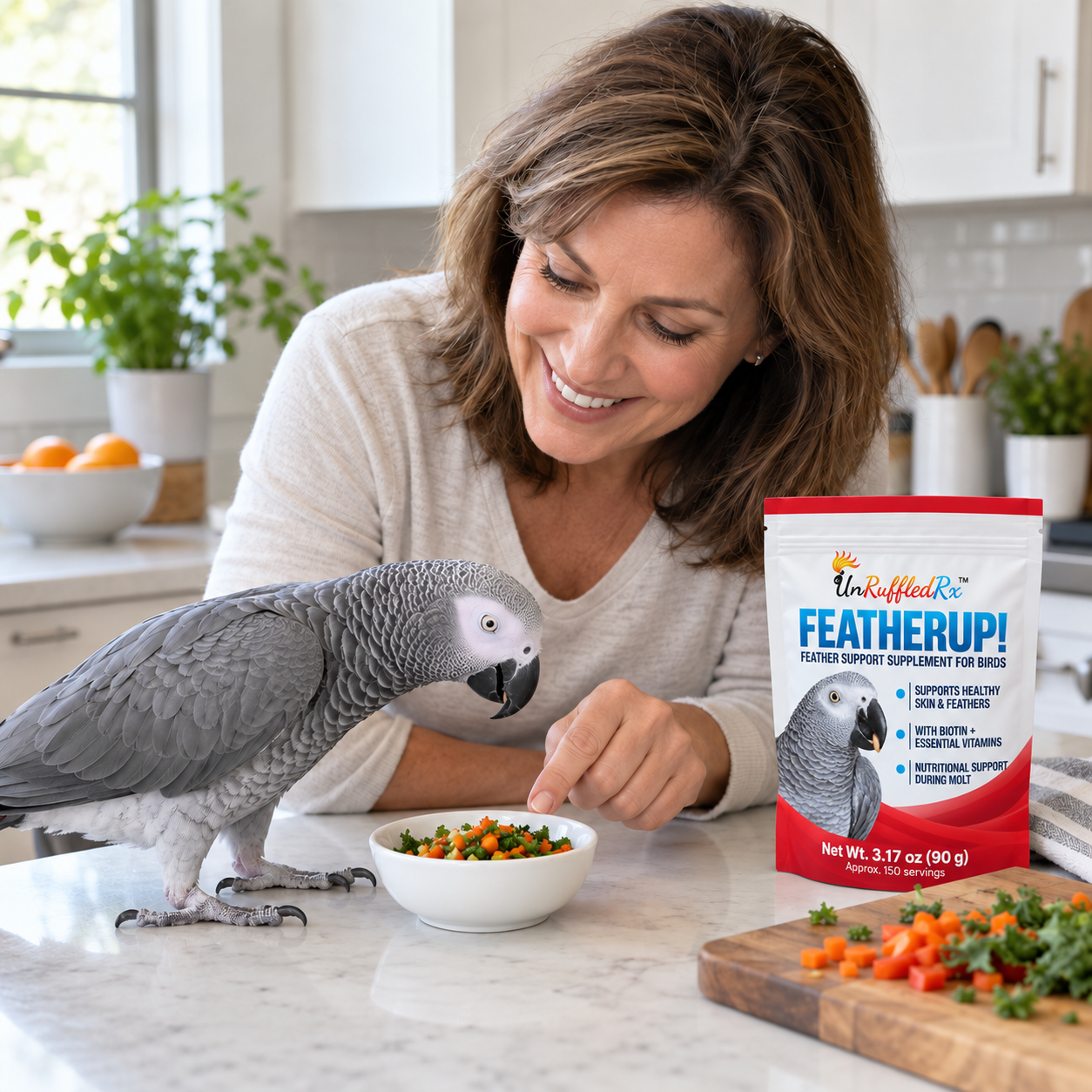 African grey parrot learning to eat chopped vegetables with a bird owner and FeatherUp supplement in a bright modern kitchen.