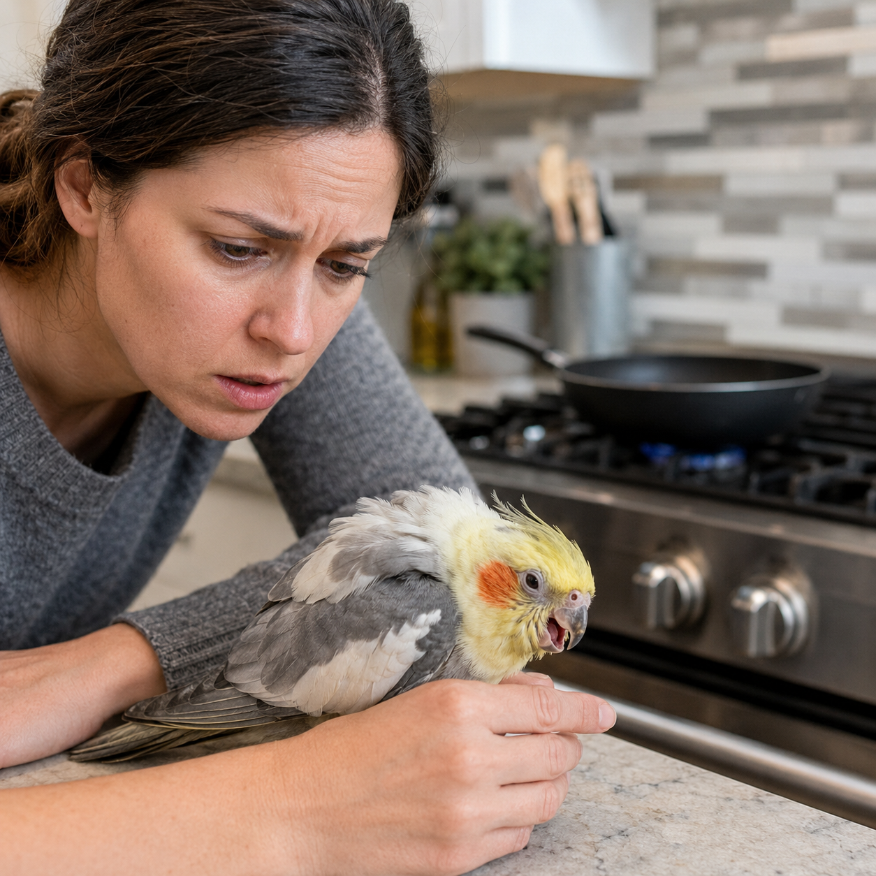 woman examining bird in distress from poisoning