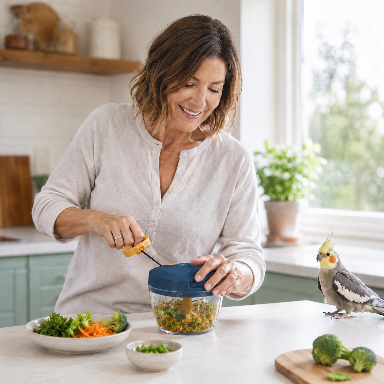 woman making bird chop for her cockatiel 