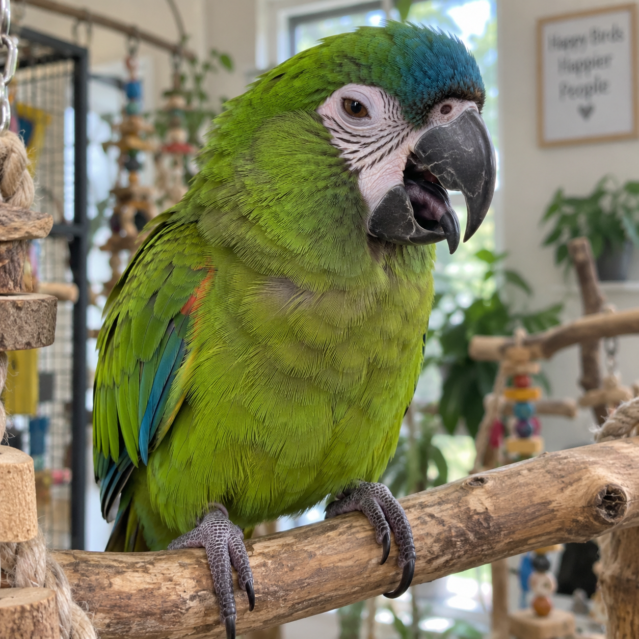 Panting hahns macaw after flying 