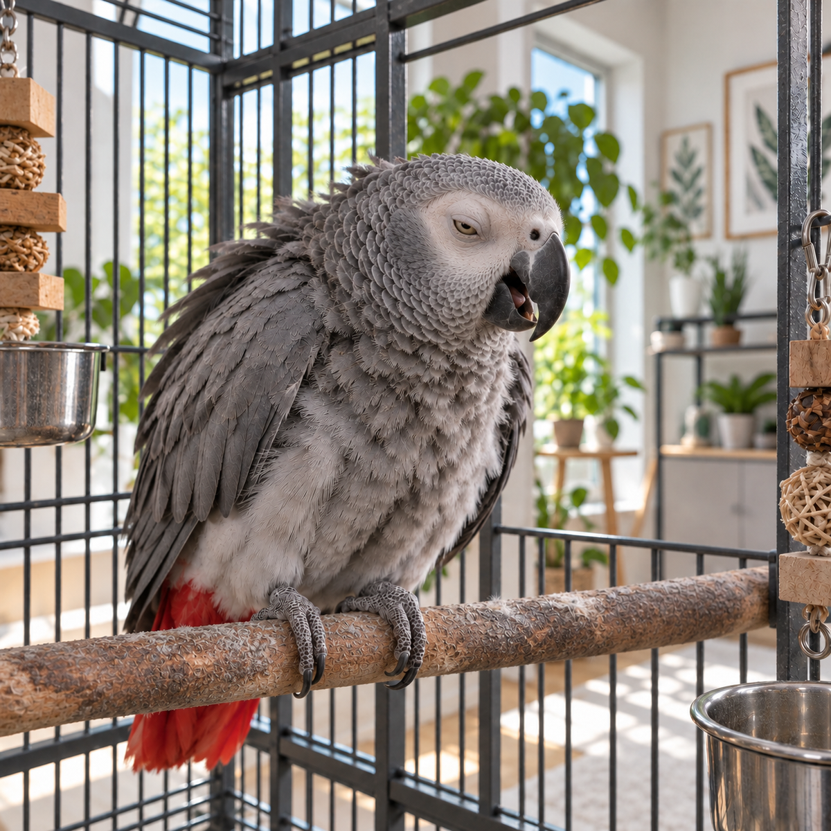 African grey parrot with open beak and squinting eyes showing possible breathing difficulty